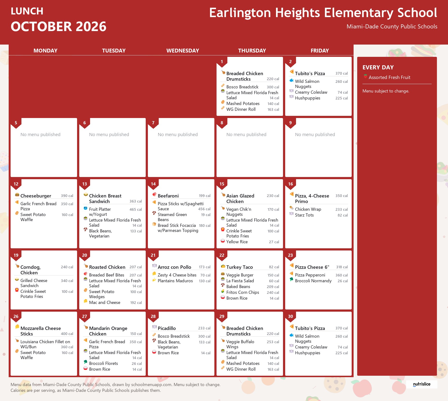 Earlington Heights Elementary School lunch menu for October 2026 &mdash; Miami-Dade County Public Schools