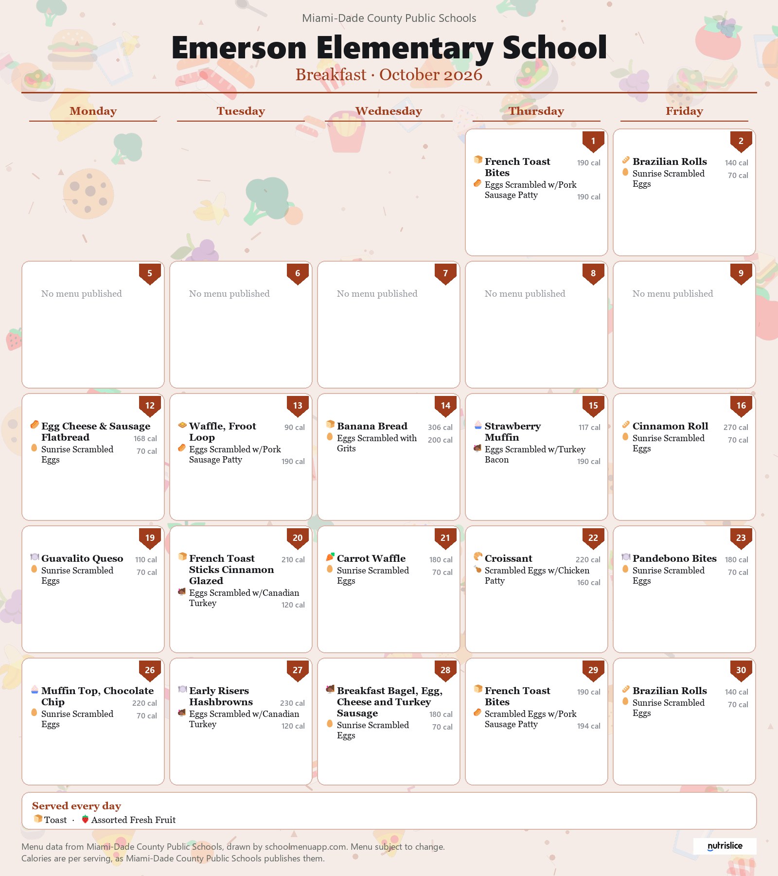 Emerson Elementary School breakfast menu for October 2026 &mdash; Miami-Dade County Public Schools