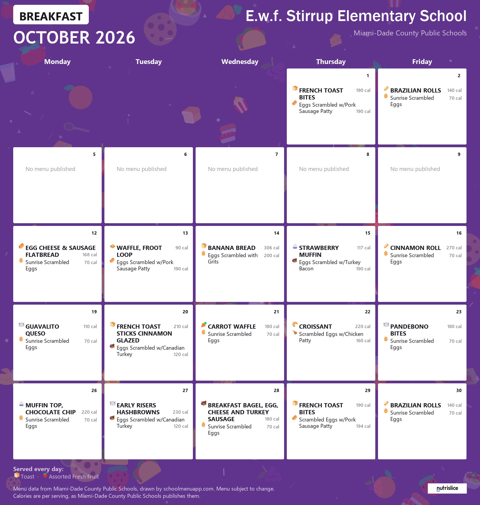 E.w.f. Stirrup Elementary School breakfast menu for October 2026 &mdash; Miami-Dade County Public Schools