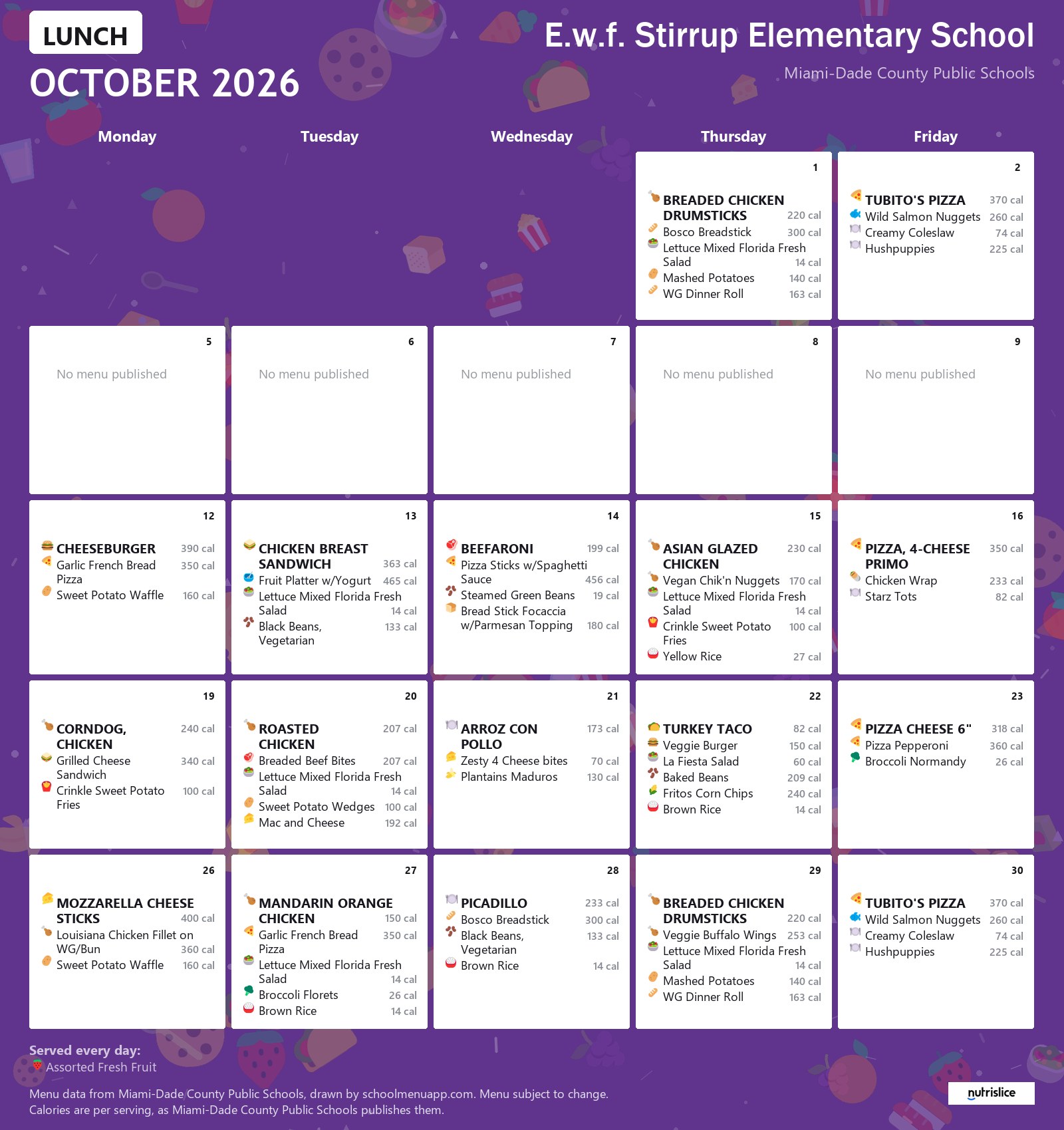 E.w.f. Stirrup Elementary School lunch menu for October 2026 &mdash; Miami-Dade County Public Schools