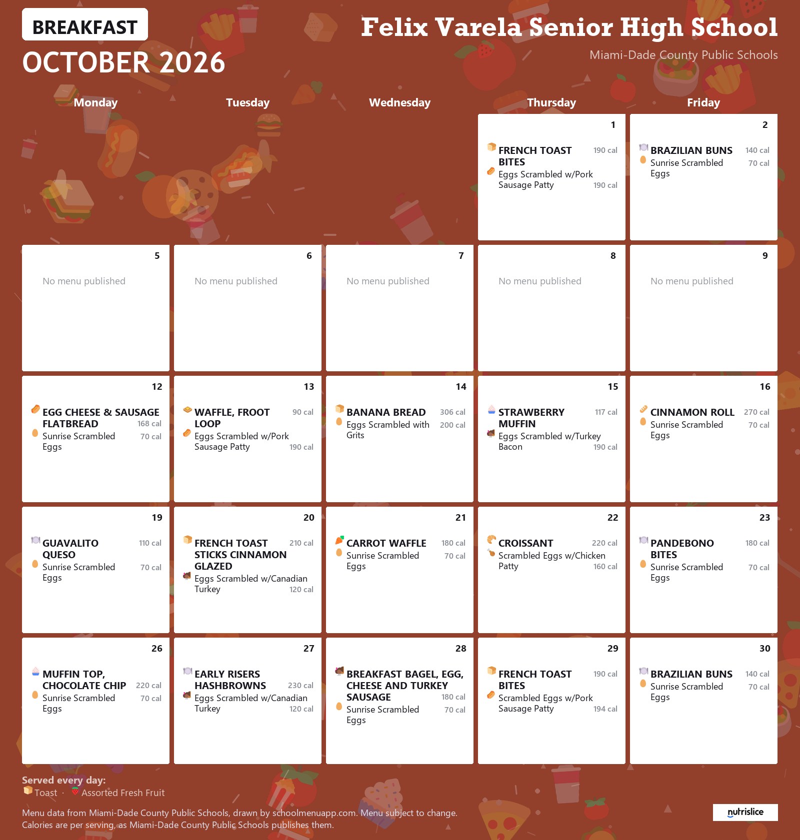Felix Varela Senior High School breakfast menu for October 2026 &mdash; Miami-Dade County Public Schools