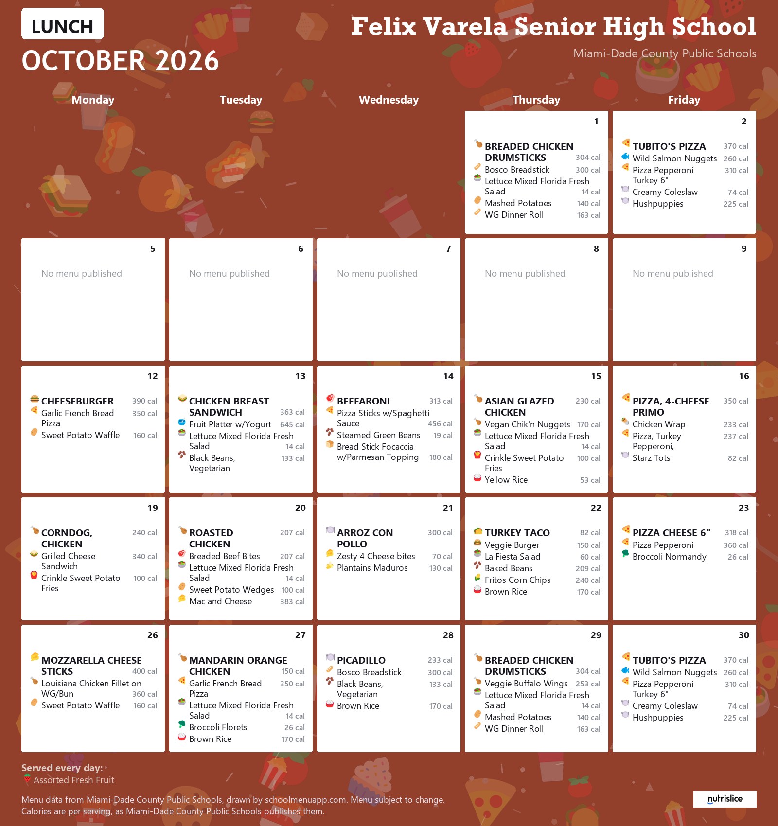 Felix Varela Senior High School lunch menu for October 2026 &mdash; Miami-Dade County Public Schools