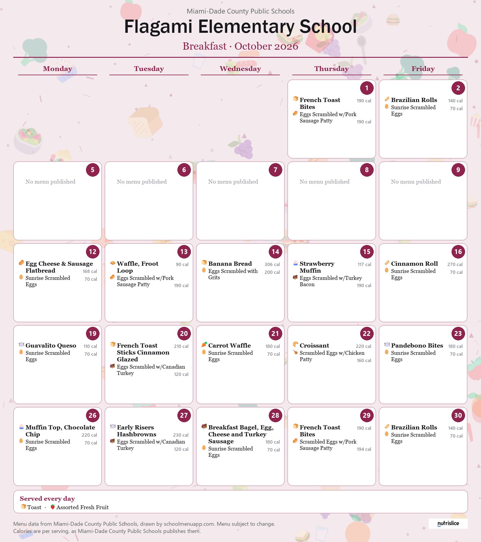 Flagami Elementary School breakfast menu for October 2026 &mdash; Miami-Dade County Public Schools