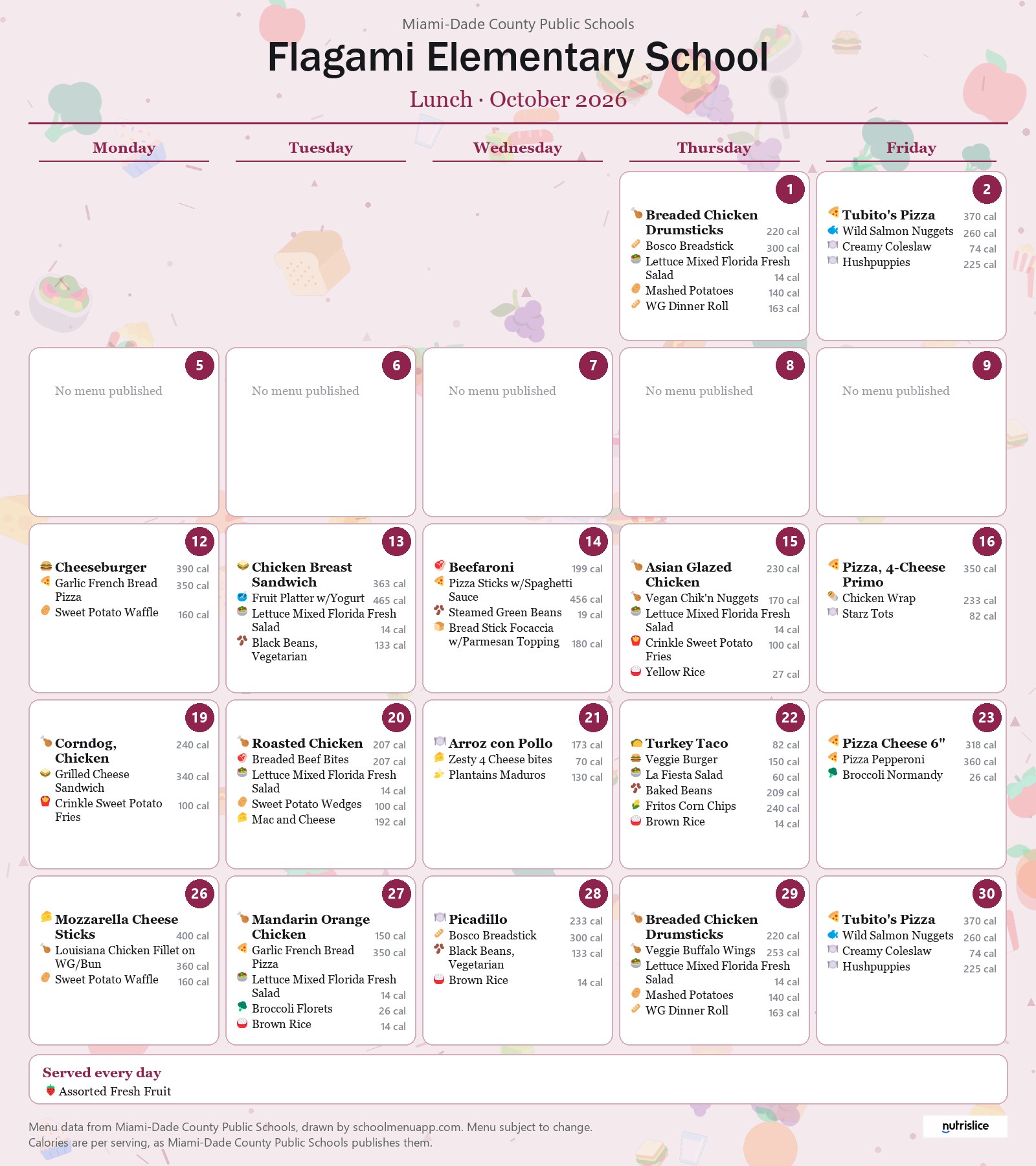 Flagami Elementary School lunch menu for October 2026 &mdash; Miami-Dade County Public Schools