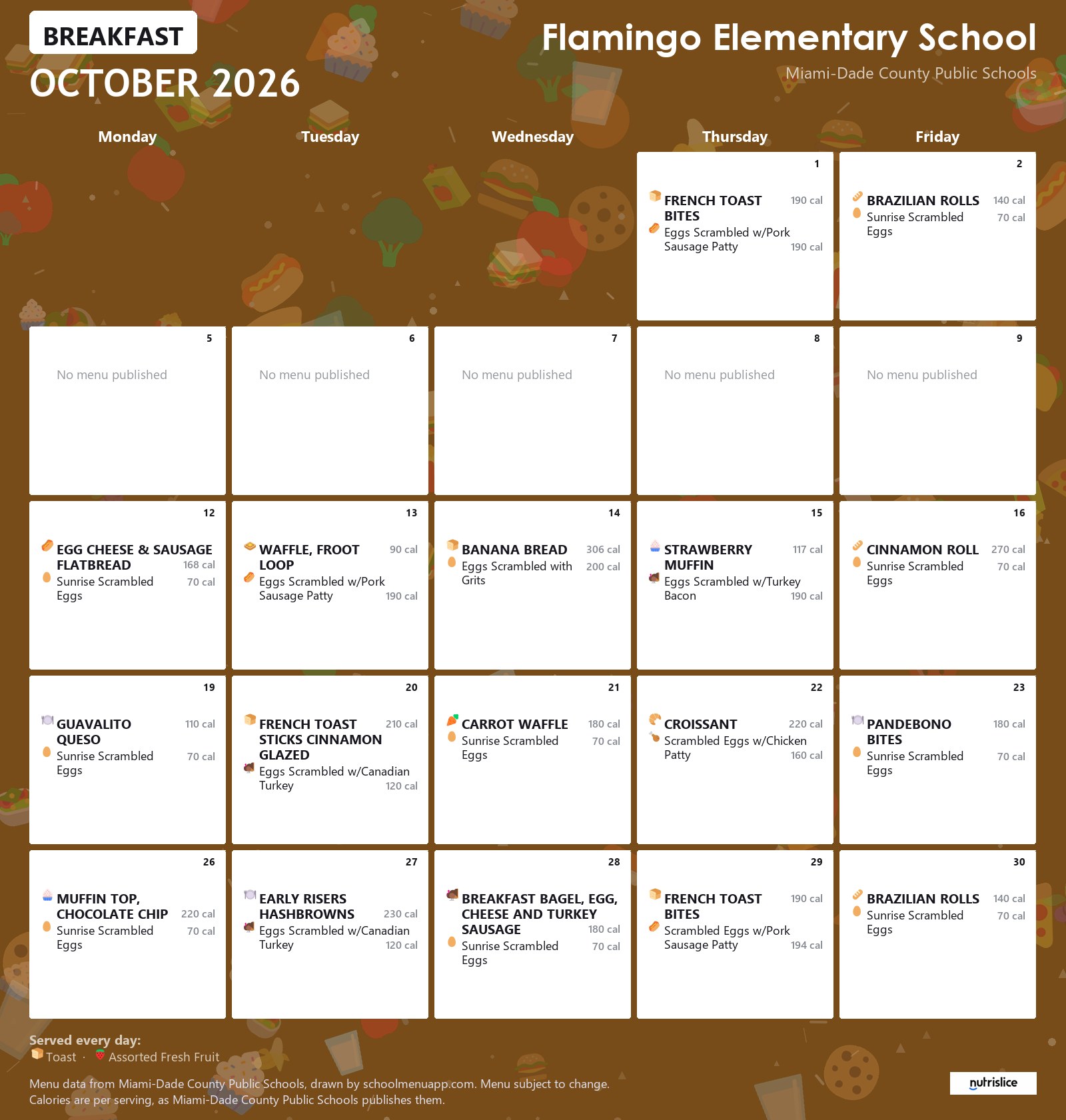 Flamingo Elementary School breakfast menu for October 2026 &mdash; Miami-Dade County Public Schools