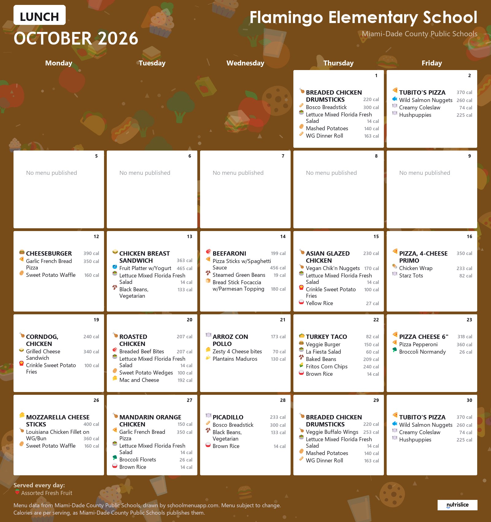 Flamingo Elementary School lunch menu for October 2026 &mdash; Miami-Dade County Public Schools