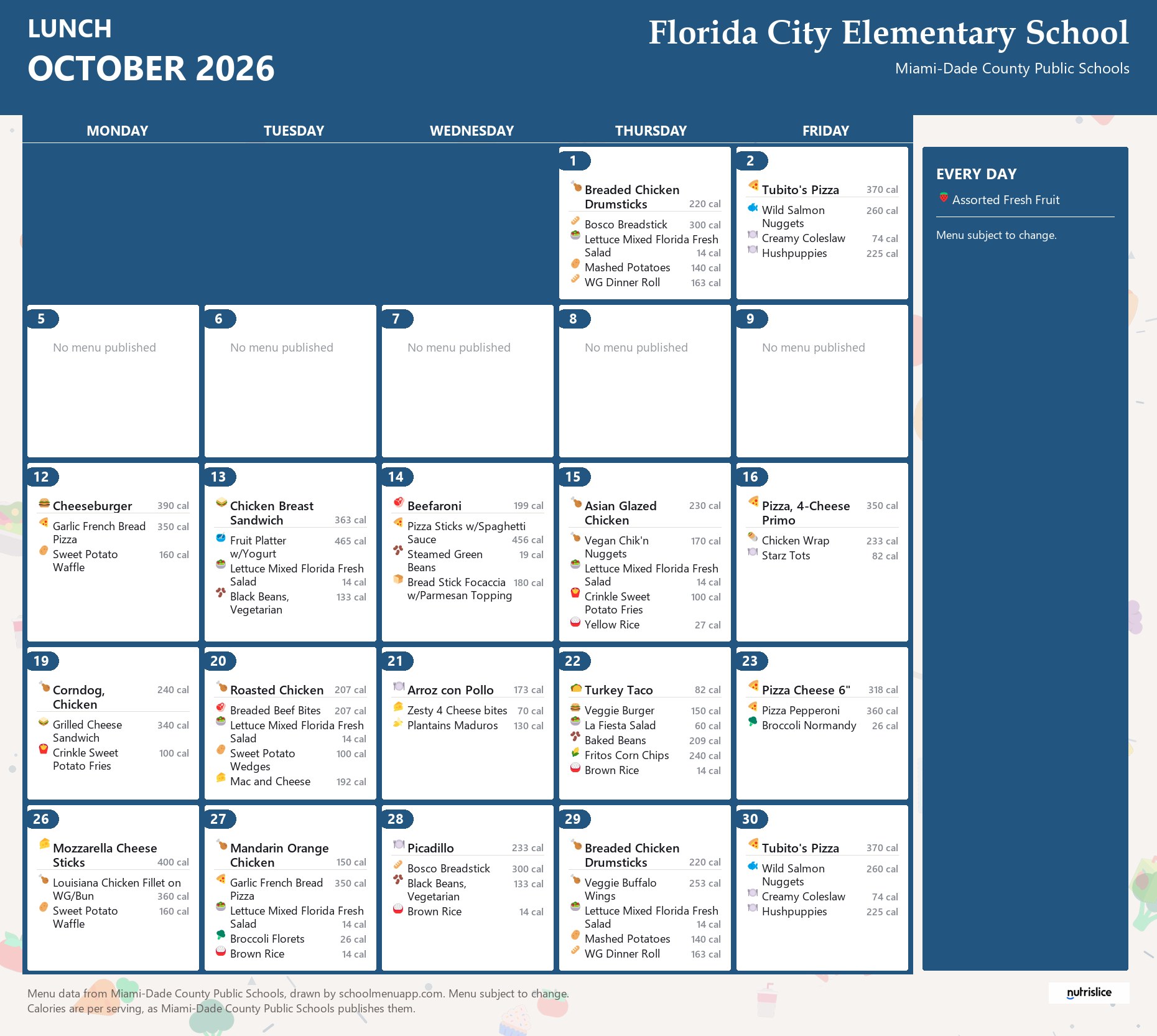 Florida City Elementary School lunch menu for October 2026 &mdash; Miami-Dade County Public Schools