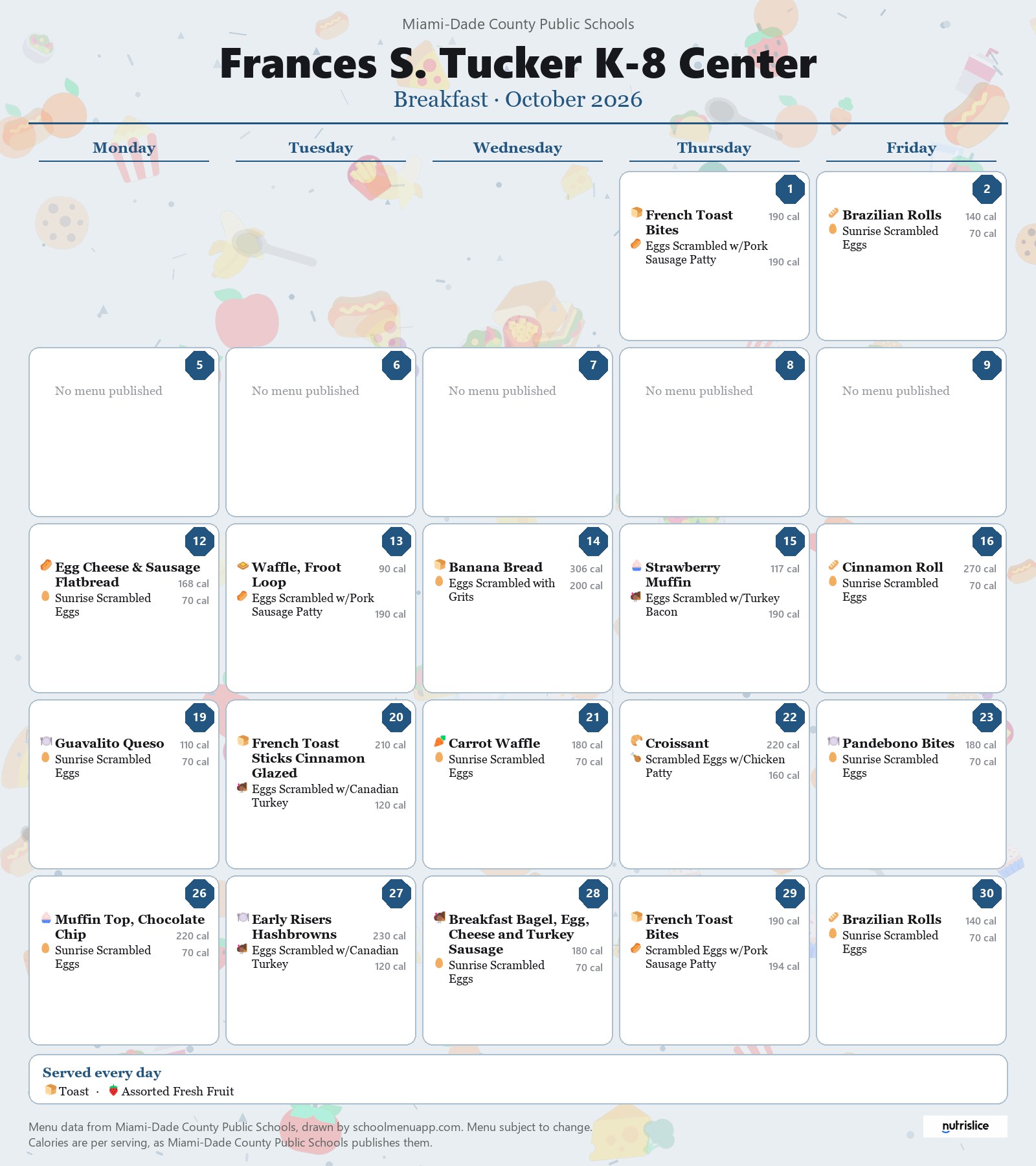 Frances S. Tucker K-8 Center breakfast menu for October 2026 &mdash; Miami-Dade County Public Schools