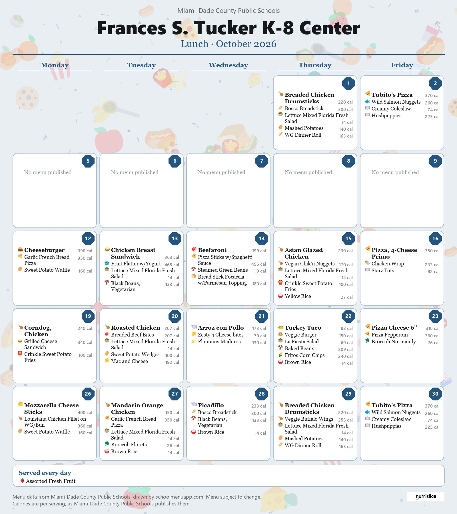 Frances S. Tucker K-8 Center lunch menu for October 2026 &mdash; Miami-Dade County Public Schools