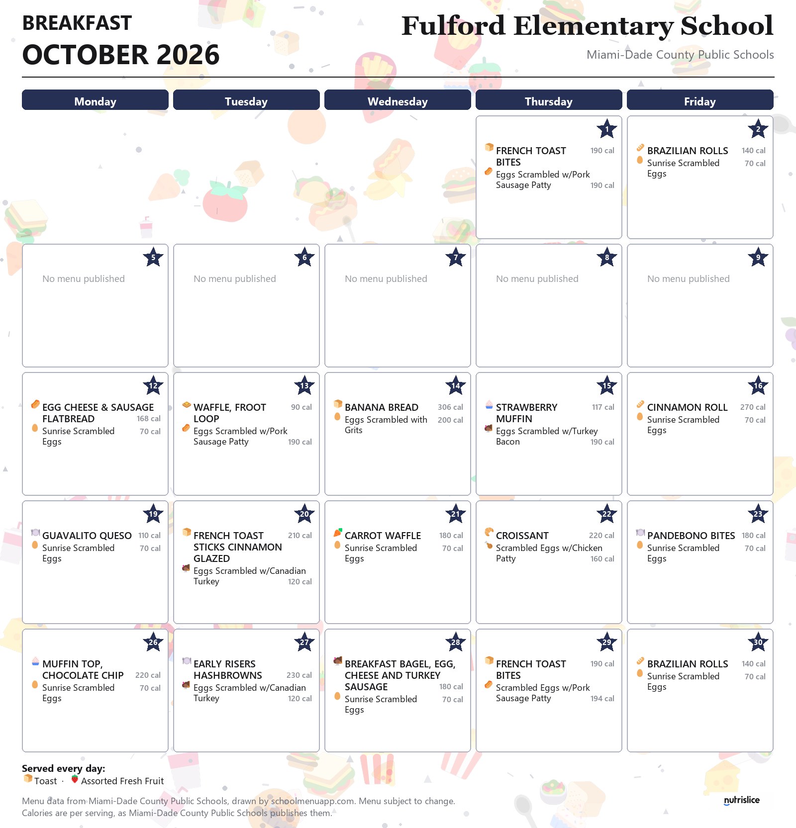 Fulford Elementary School breakfast menu for October 2026 &mdash; Miami-Dade County Public Schools