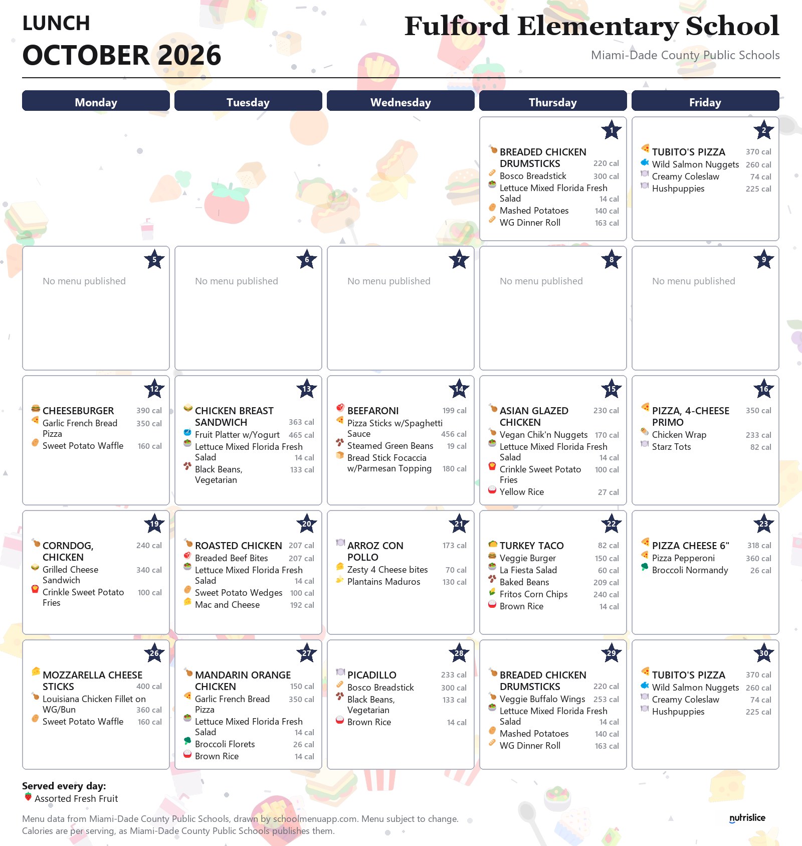 Fulford Elementary School lunch menu for October 2026 &mdash; Miami-Dade County Public Schools