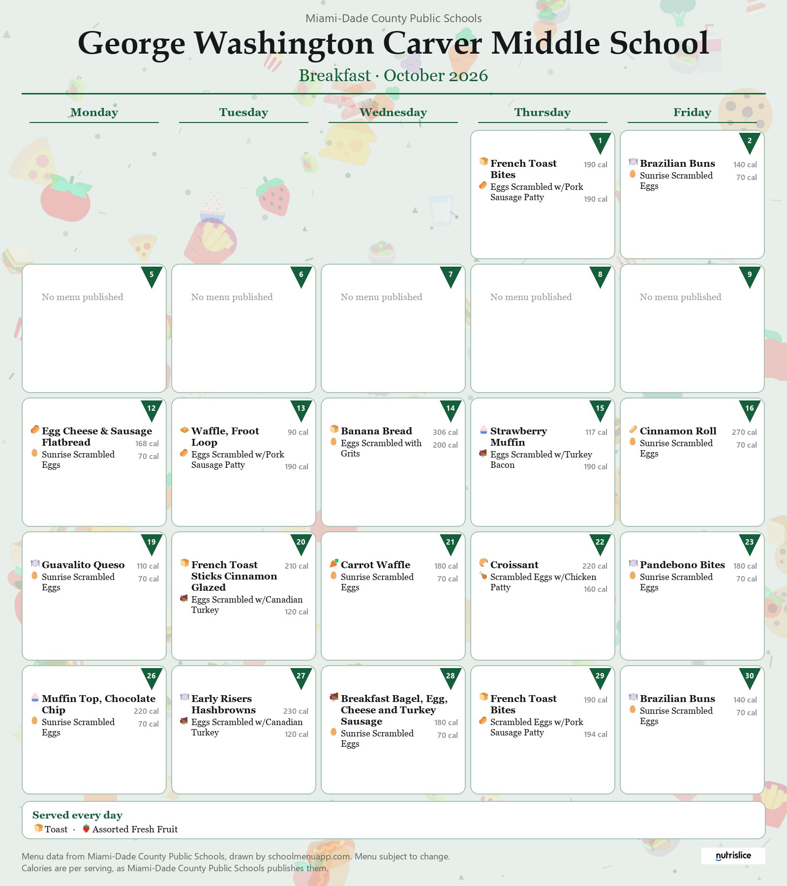 George Washington Carver Middle School breakfast menu for October 2026 &mdash; Miami-Dade County Public Schools