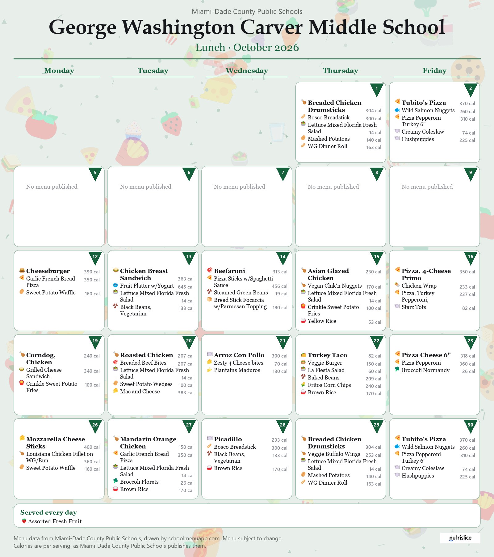 George Washington Carver Middle School lunch menu for October 2026 &mdash; Miami-Dade County Public Schools