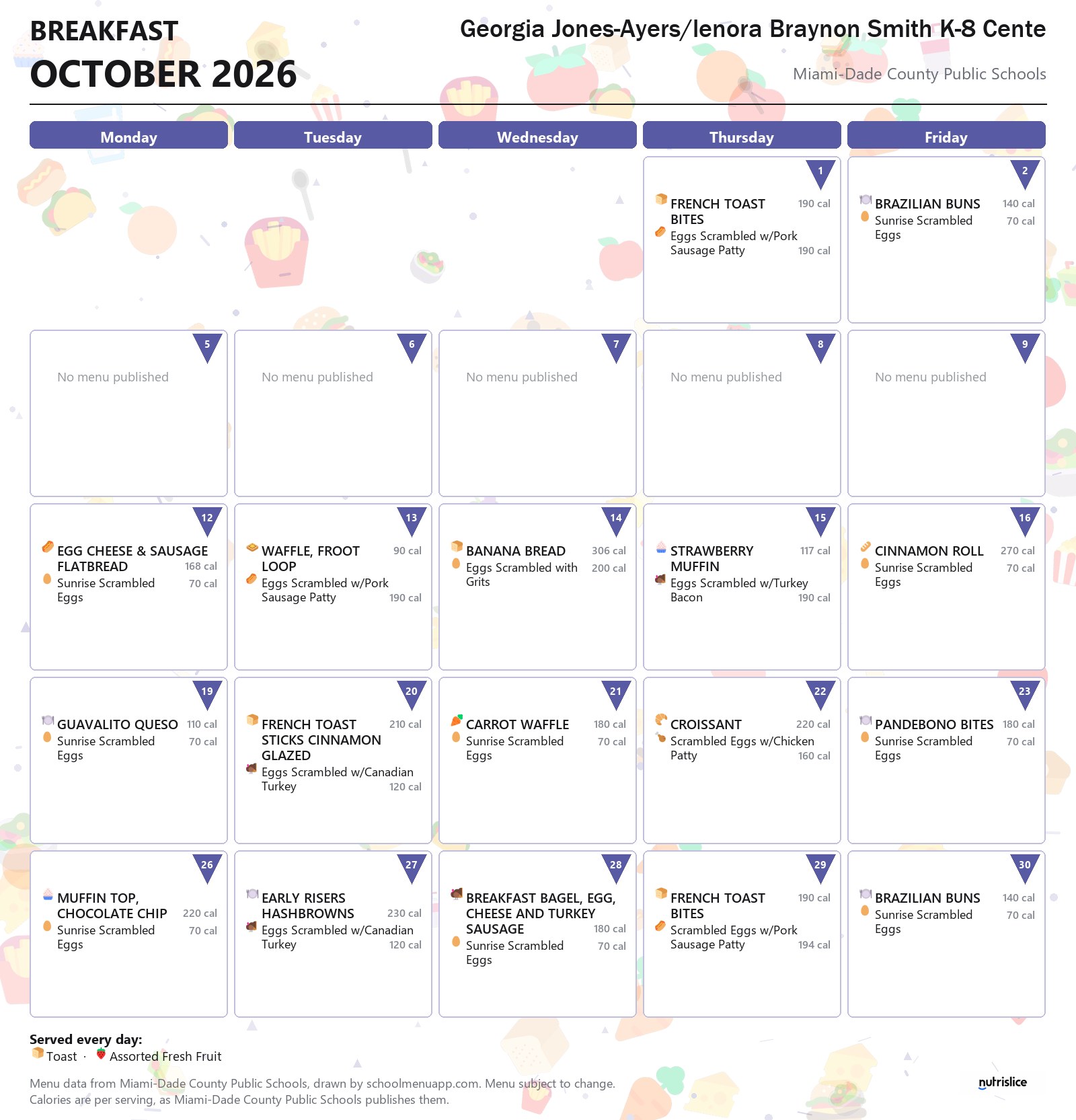 Georgia Jones-Ayers/lenora Braynon Smith K-8 Cente breakfast menu for October 2026 &mdash; Miami-Dade County Public Schools