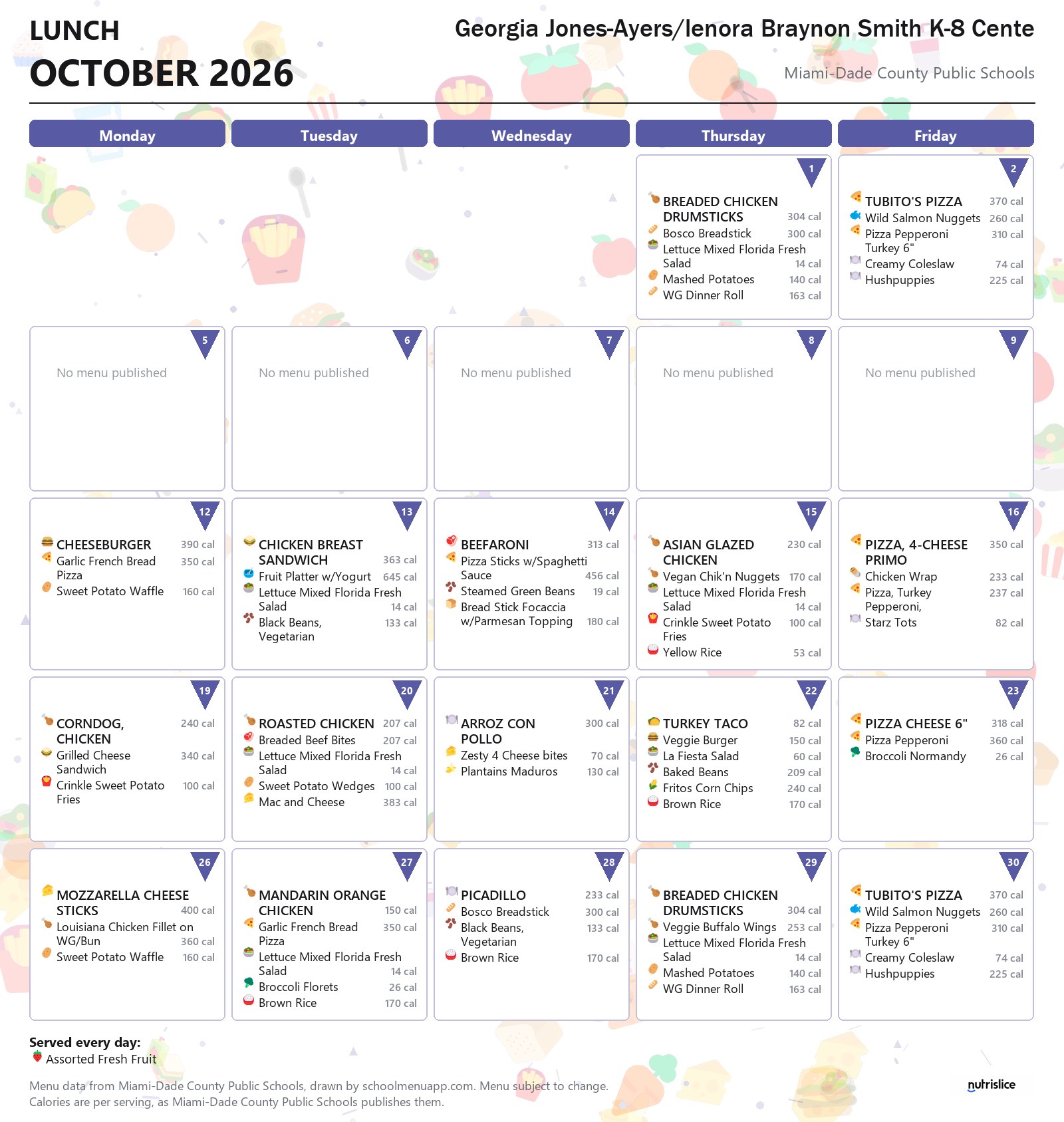 Georgia Jones-Ayers/lenora Braynon Smith K-8 Cente lunch menu for October 2026 &mdash; Miami-Dade County Public Schools