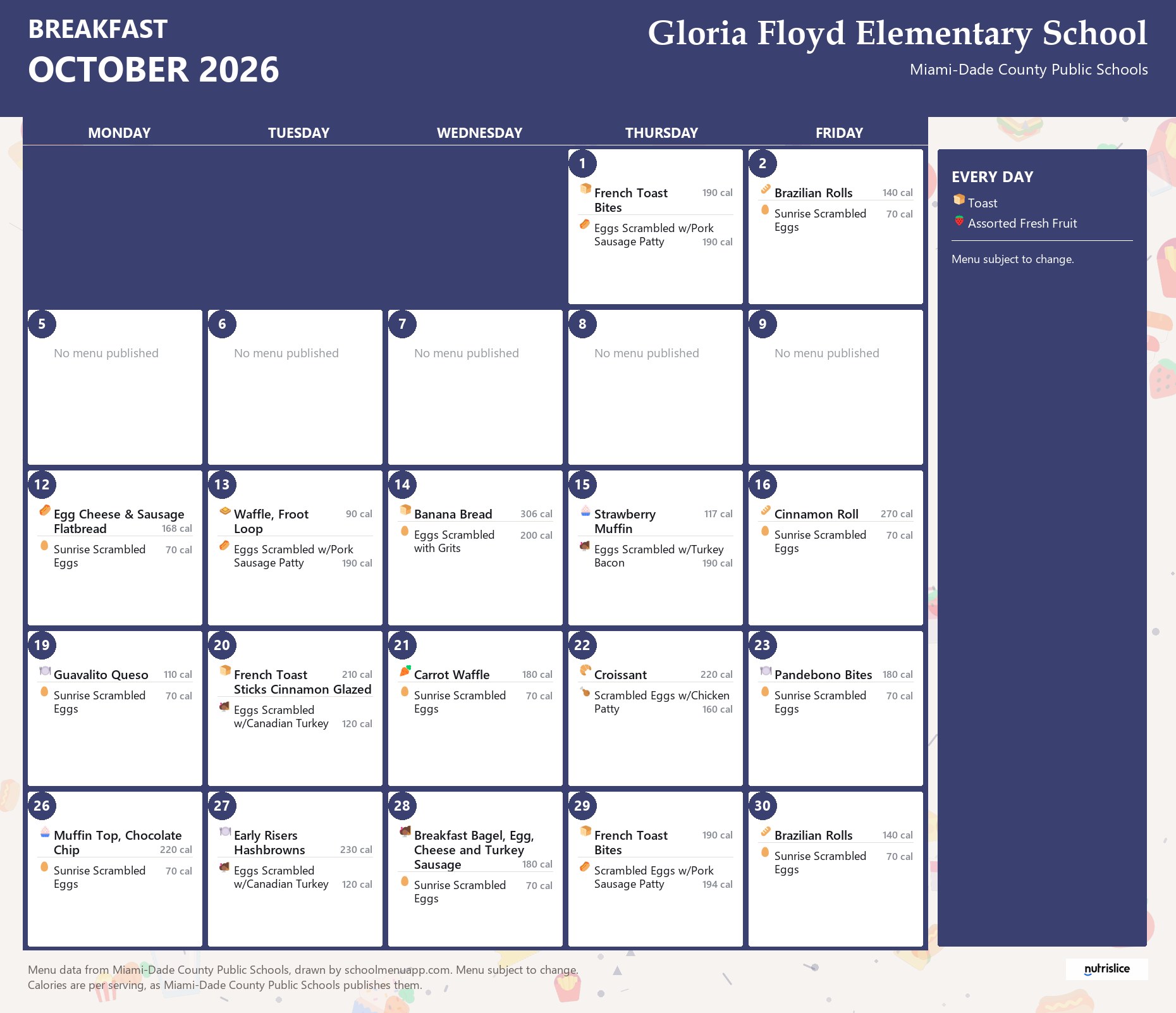 Gloria Floyd Elementary School breakfast menu for October 2026 &mdash; Miami-Dade County Public Schools