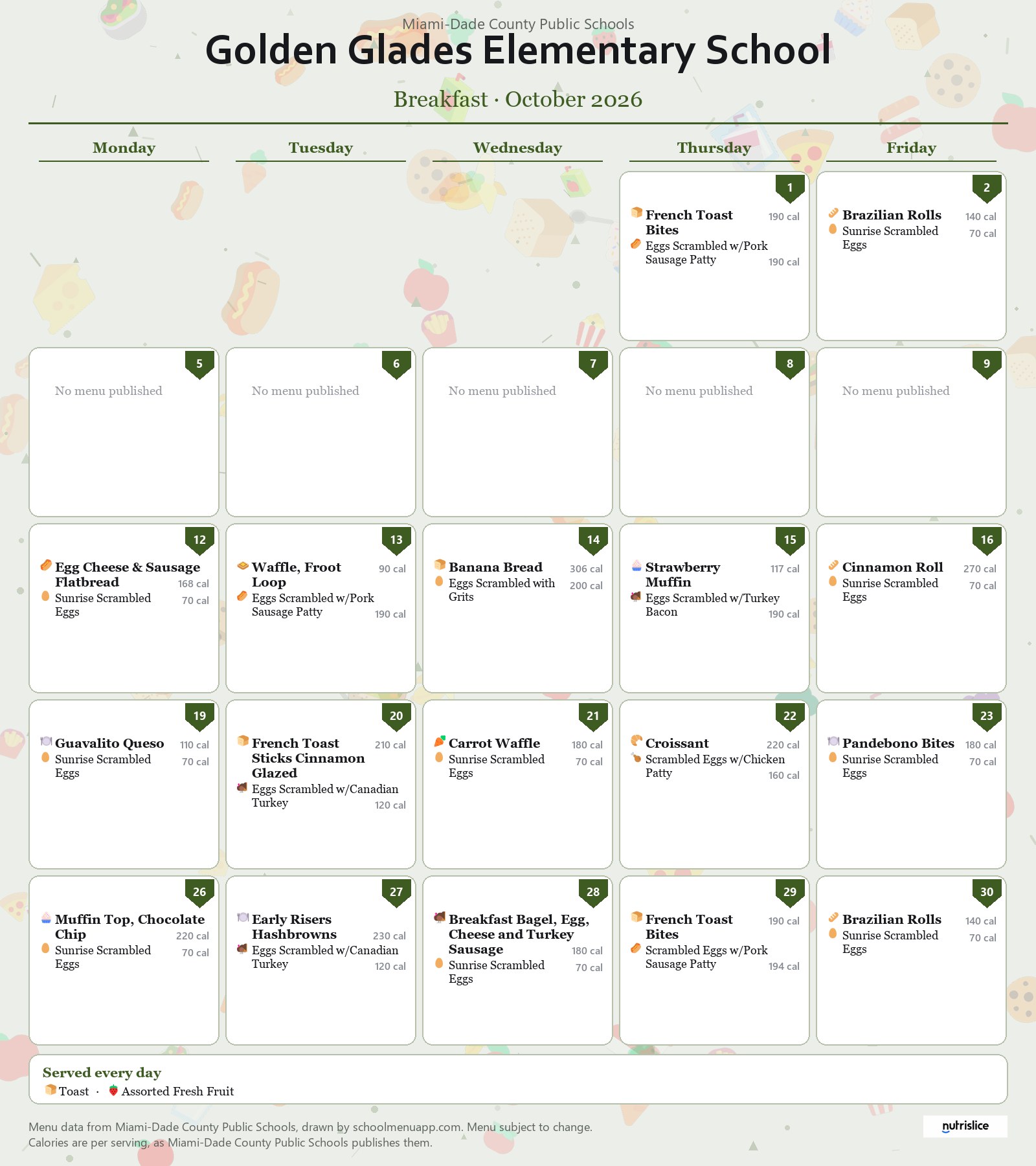 Golden Glades Elementary School breakfast menu for October 2026 &mdash; Miami-Dade County Public Schools