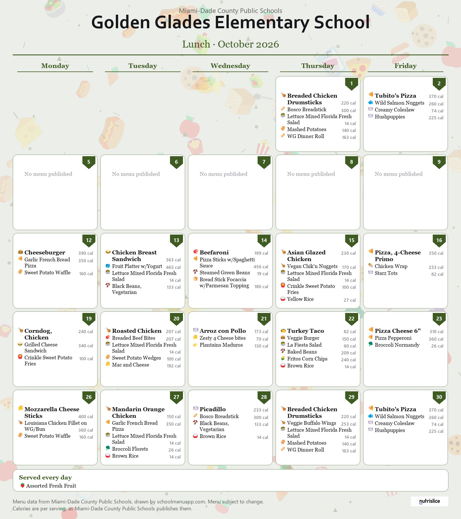 Golden Glades Elementary School lunch menu for October 2026 &mdash; Miami-Dade County Public Schools