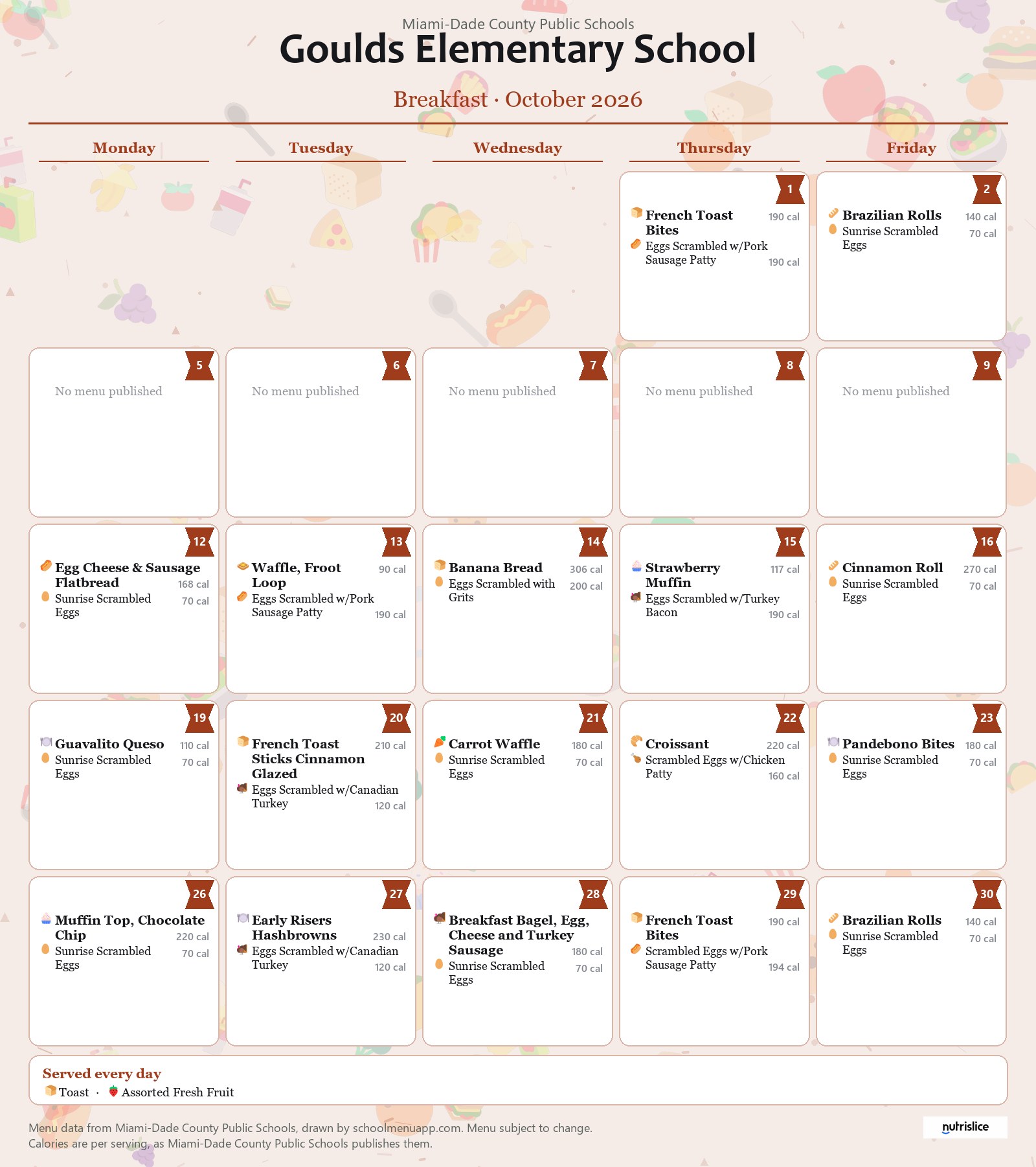 Goulds Elementary School breakfast menu for October 2026 &mdash; Miami-Dade County Public Schools
