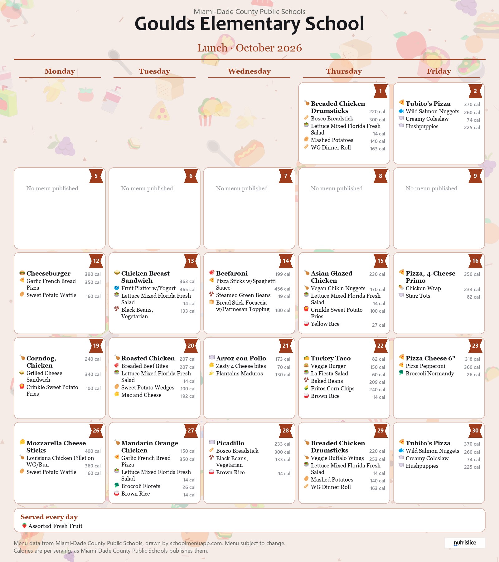 Goulds Elementary School lunch menu for October 2026 &mdash; Miami-Dade County Public Schools