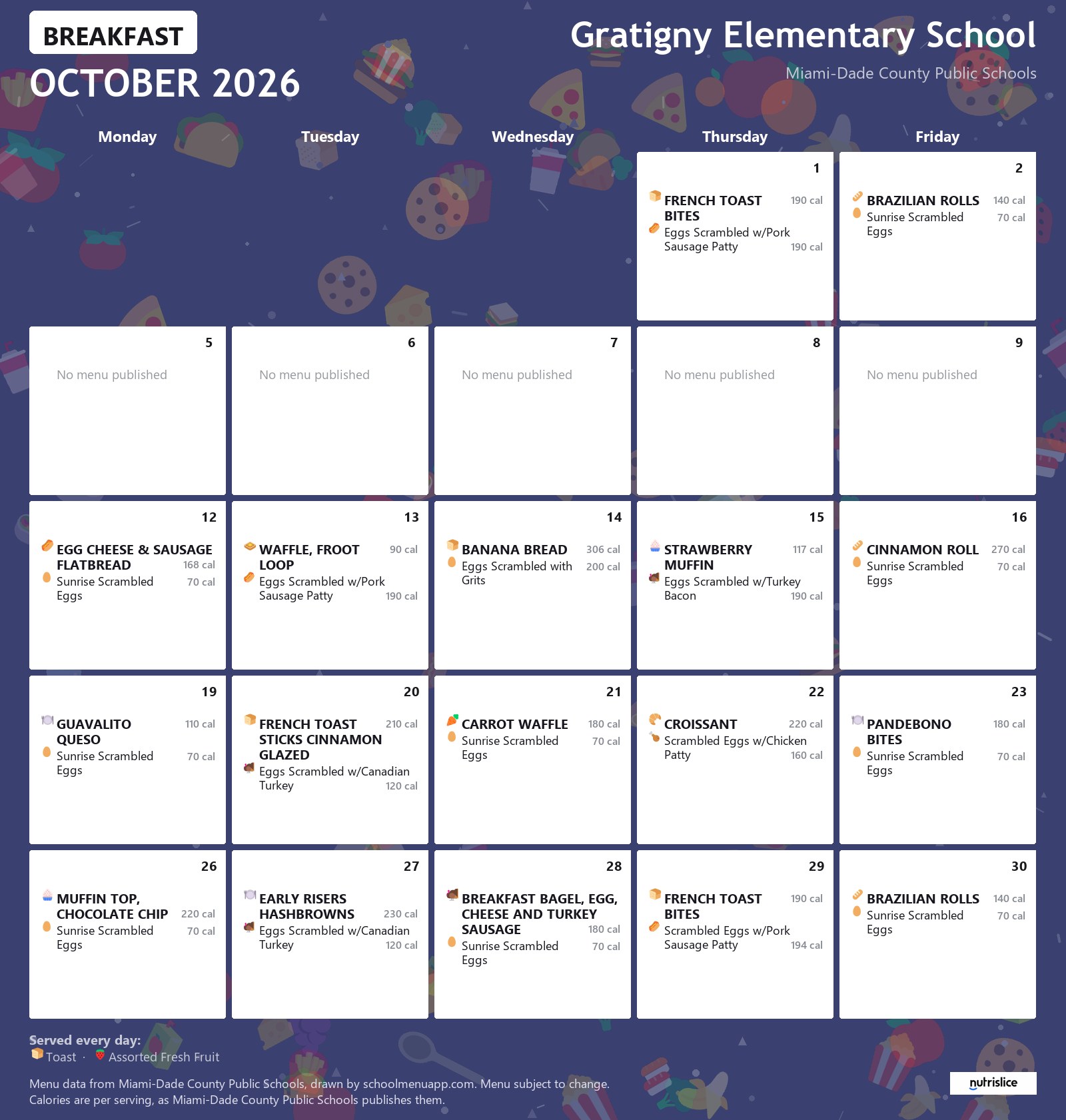 Gratigny Elementary School breakfast menu for October 2026 &mdash; Miami-Dade County Public Schools