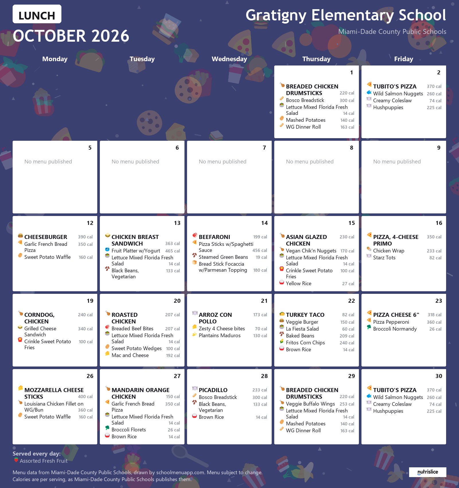 Gratigny Elementary School lunch menu for October 2026 &mdash; Miami-Dade County Public Schools