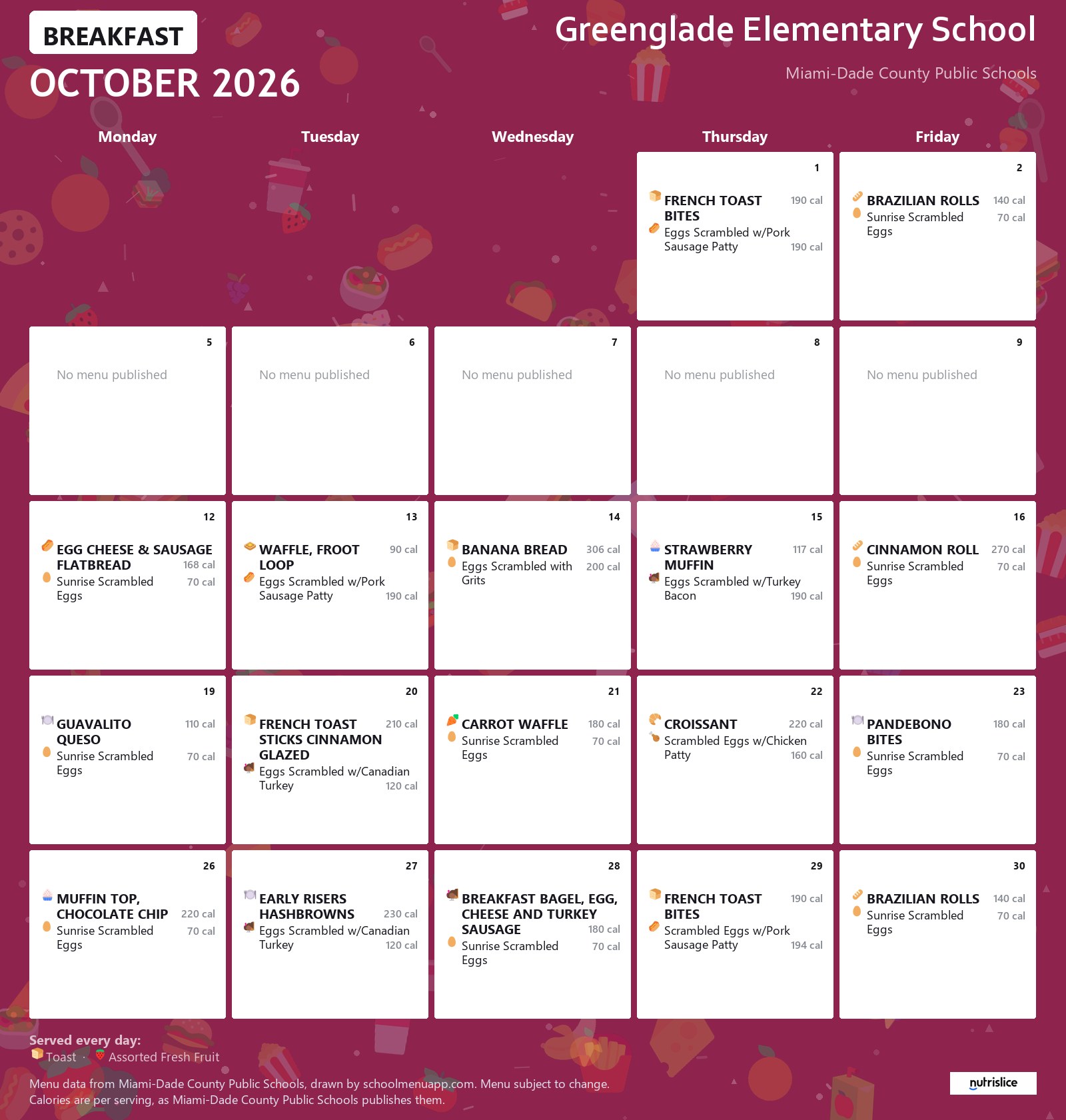 Greenglade Elementary School breakfast menu for October 2026 &mdash; Miami-Dade County Public Schools