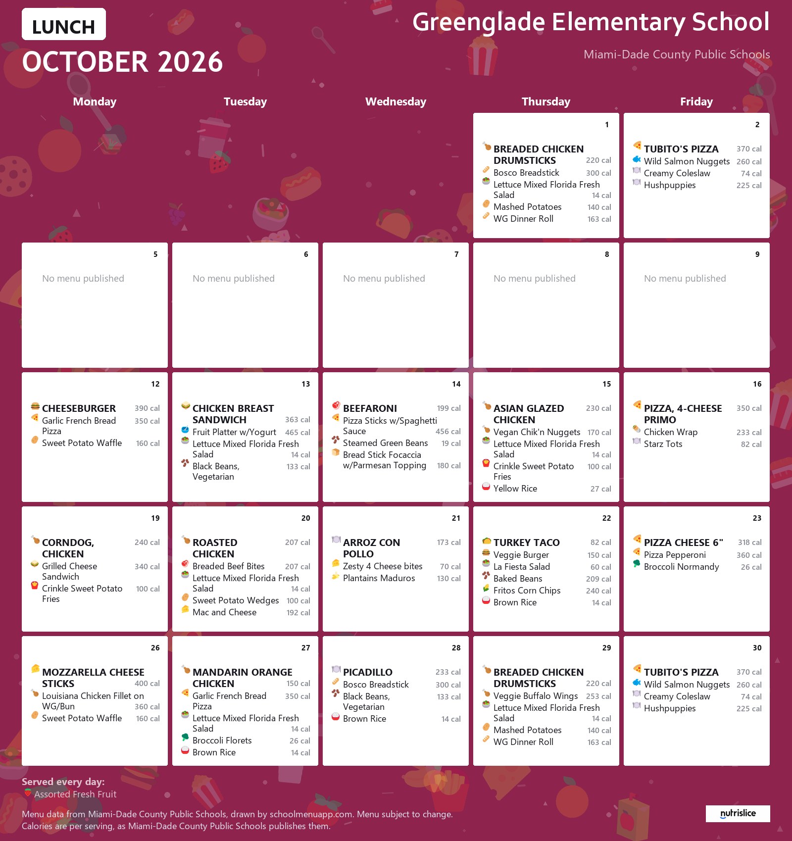 Greenglade Elementary School lunch menu for October 2026 &mdash; Miami-Dade County Public Schools