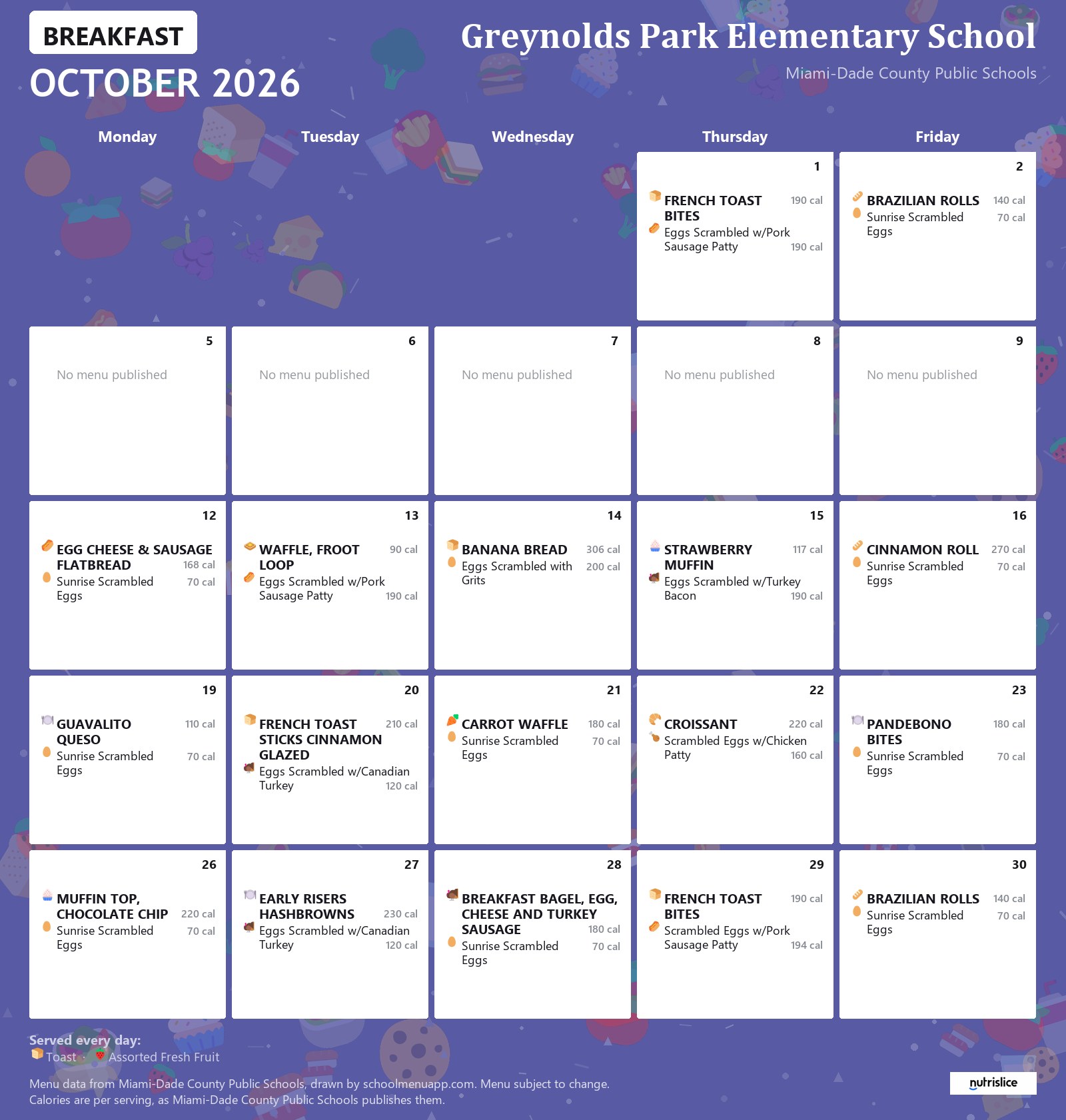 Greynolds Park Elementary School breakfast menu for October 2026 &mdash; Miami-Dade County Public Schools