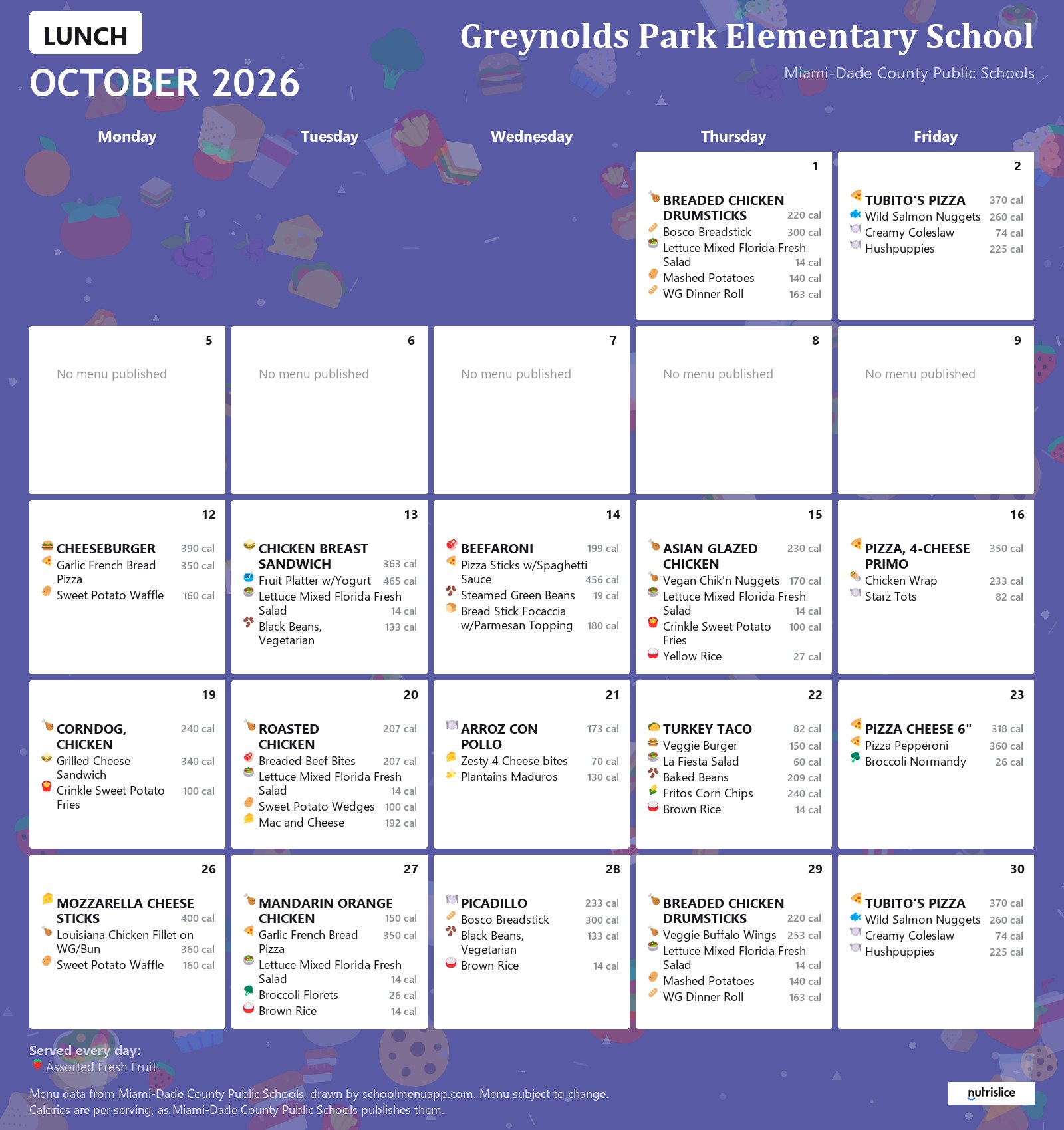 Greynolds Park Elementary School lunch menu for October 2026 &mdash; Miami-Dade County Public Schools
