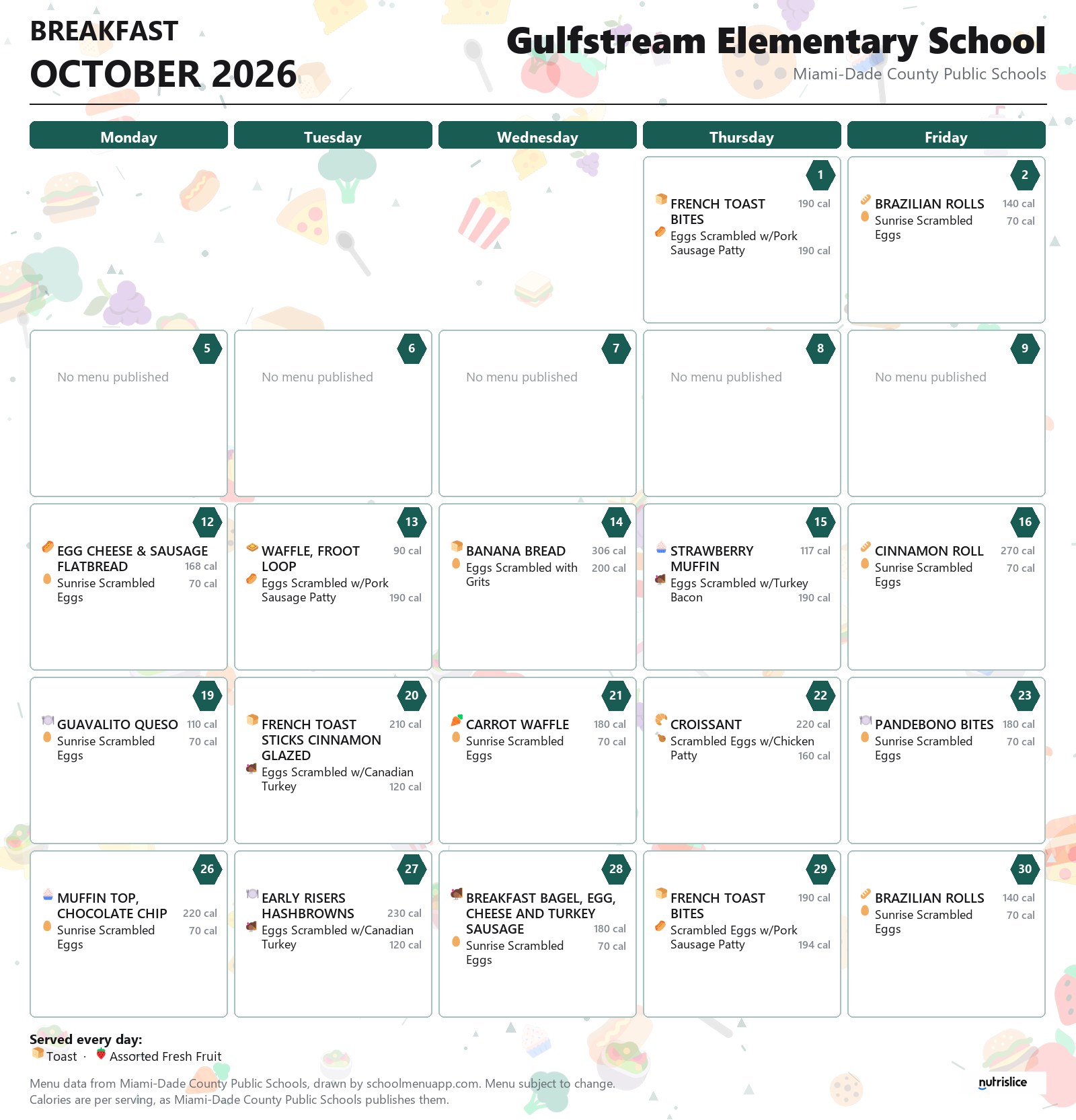 Gulfstream Elementary School breakfast menu for October 2026 &mdash; Miami-Dade County Public Schools