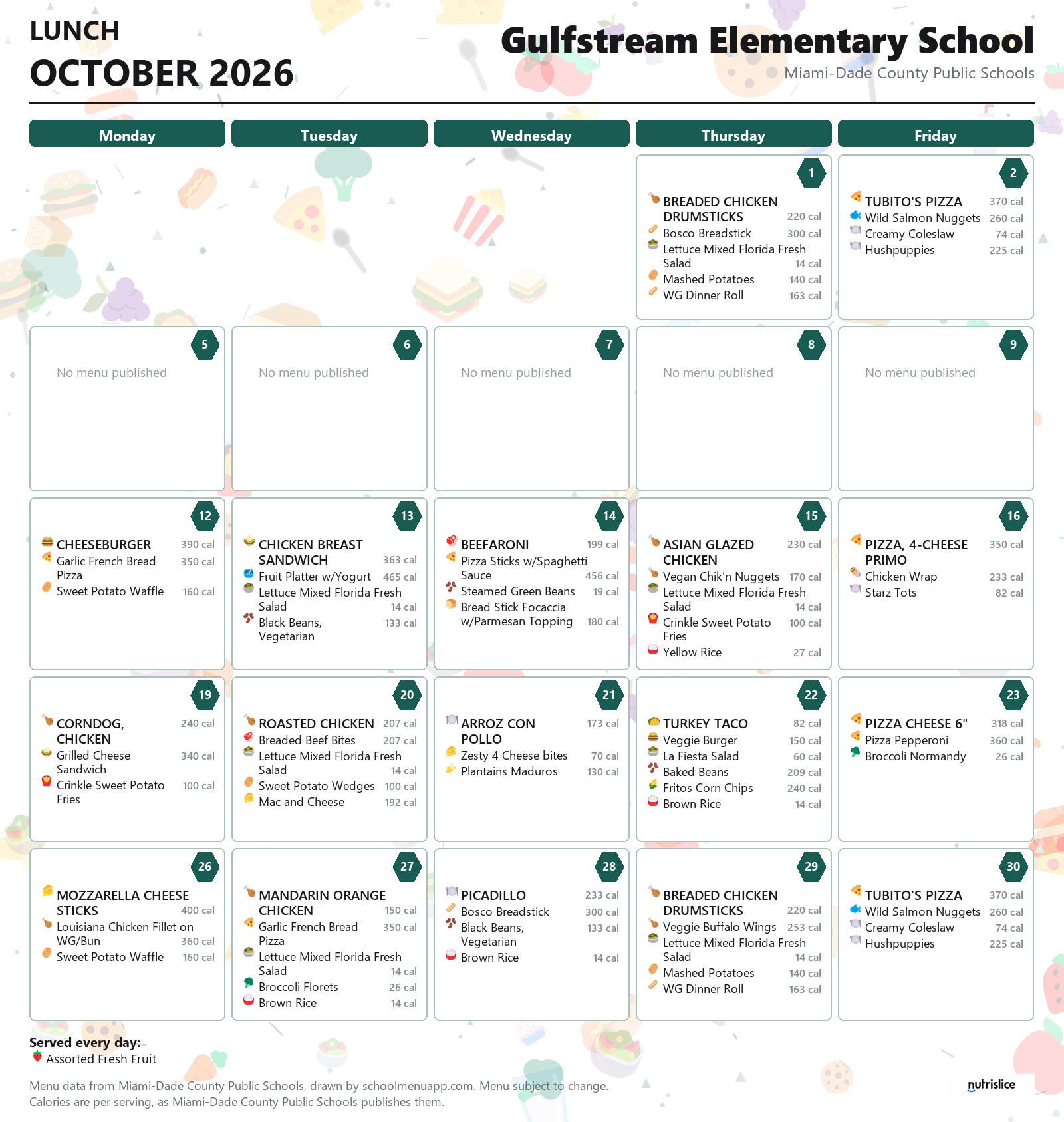 Gulfstream Elementary School lunch menu for October 2026 &mdash; Miami-Dade County Public Schools