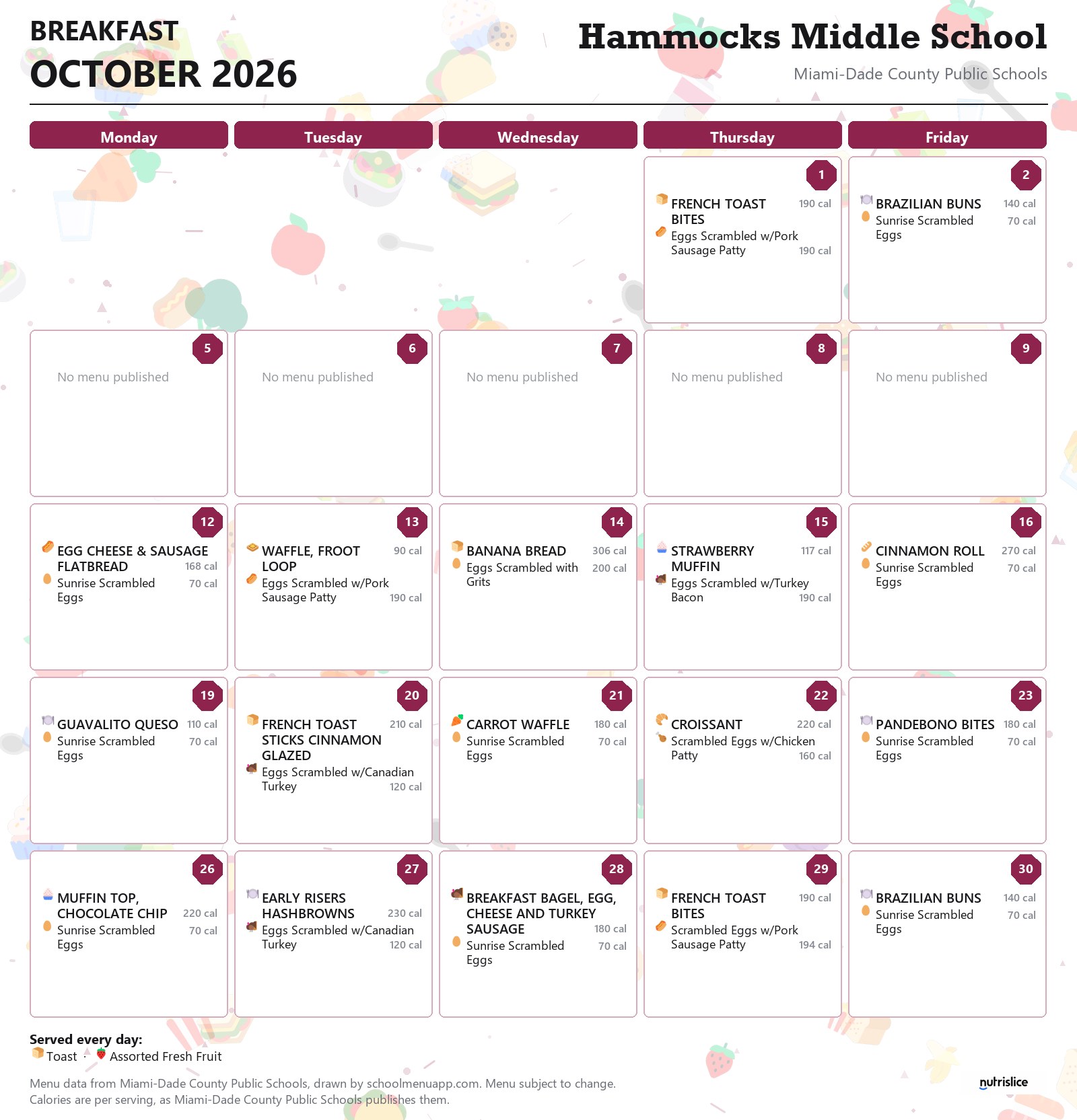 Hammocks Middle School breakfast menu for October 2026 &mdash; Miami-Dade County Public Schools