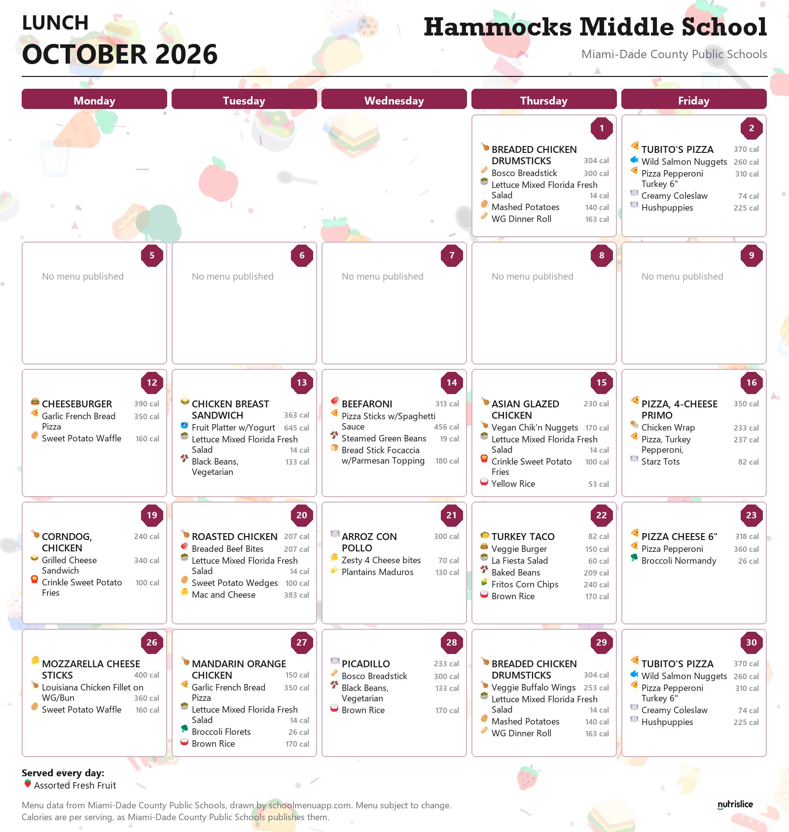 Hammocks Middle School lunch menu for October 2026 &mdash; Miami-Dade County Public Schools