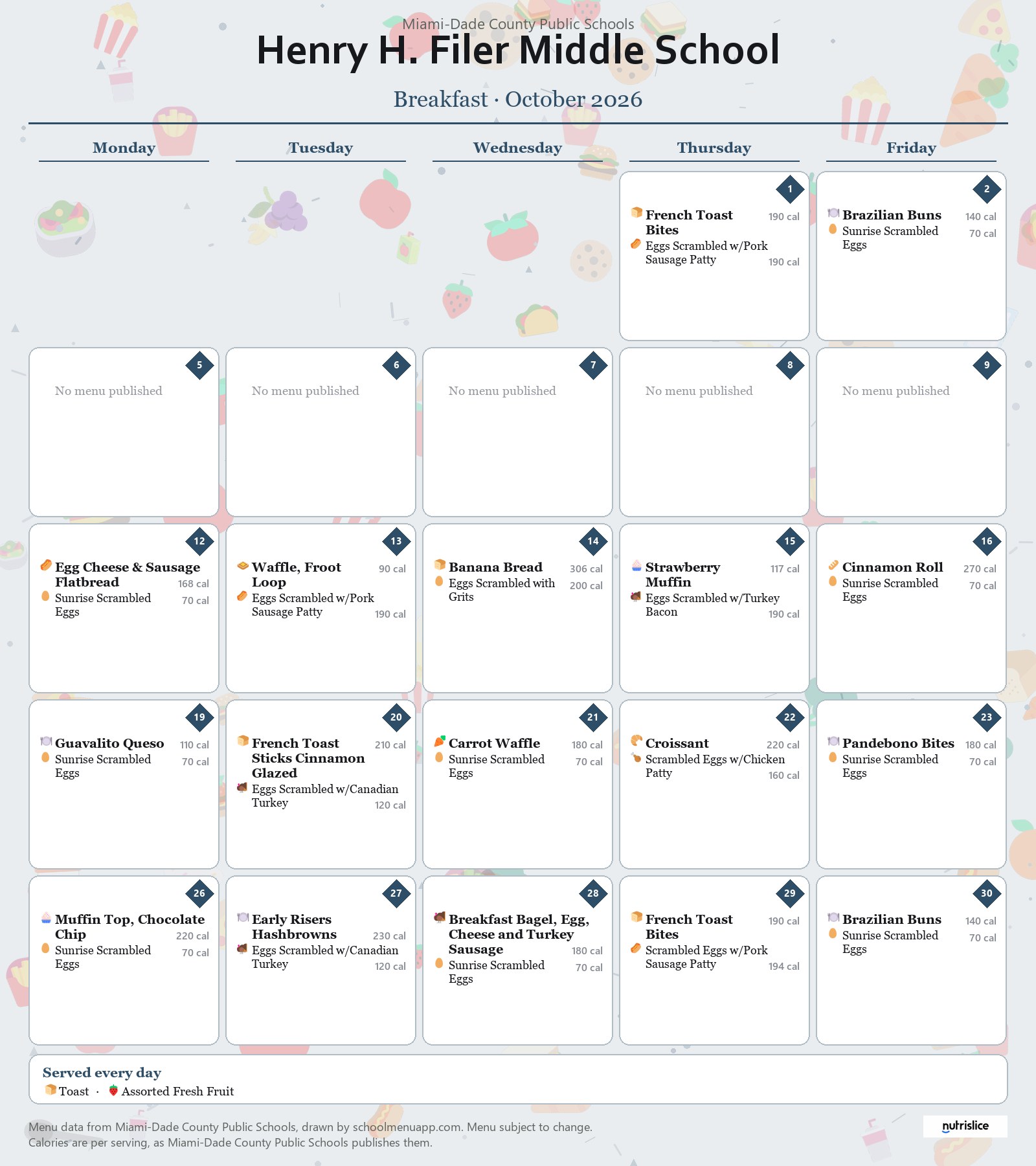 Henry H. Filer Middle School breakfast menu for October 2026 &mdash; Miami-Dade County Public Schools