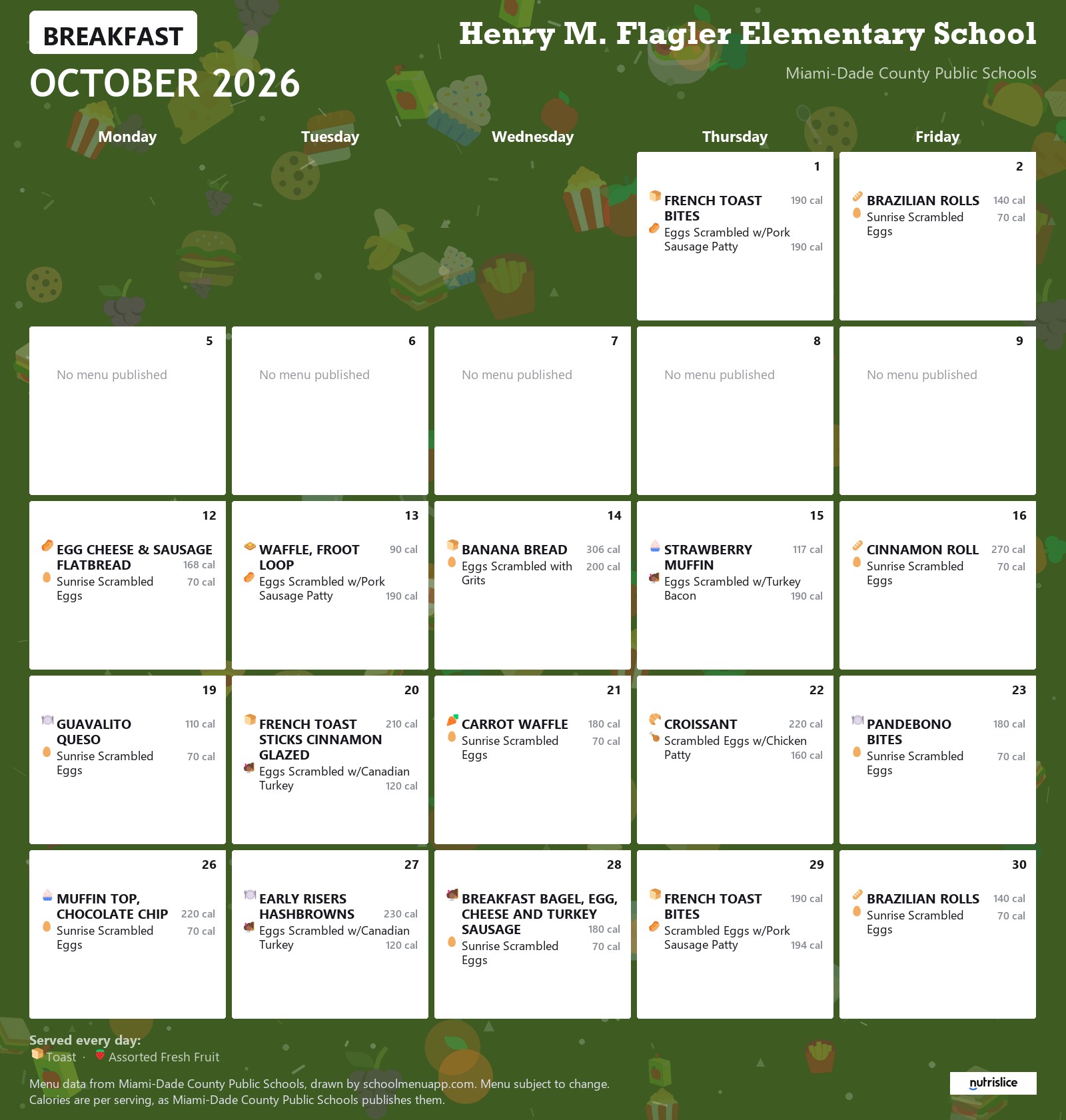 Henry M. Flagler Elementary School breakfast menu for October 2026 &mdash; Miami-Dade County Public Schools