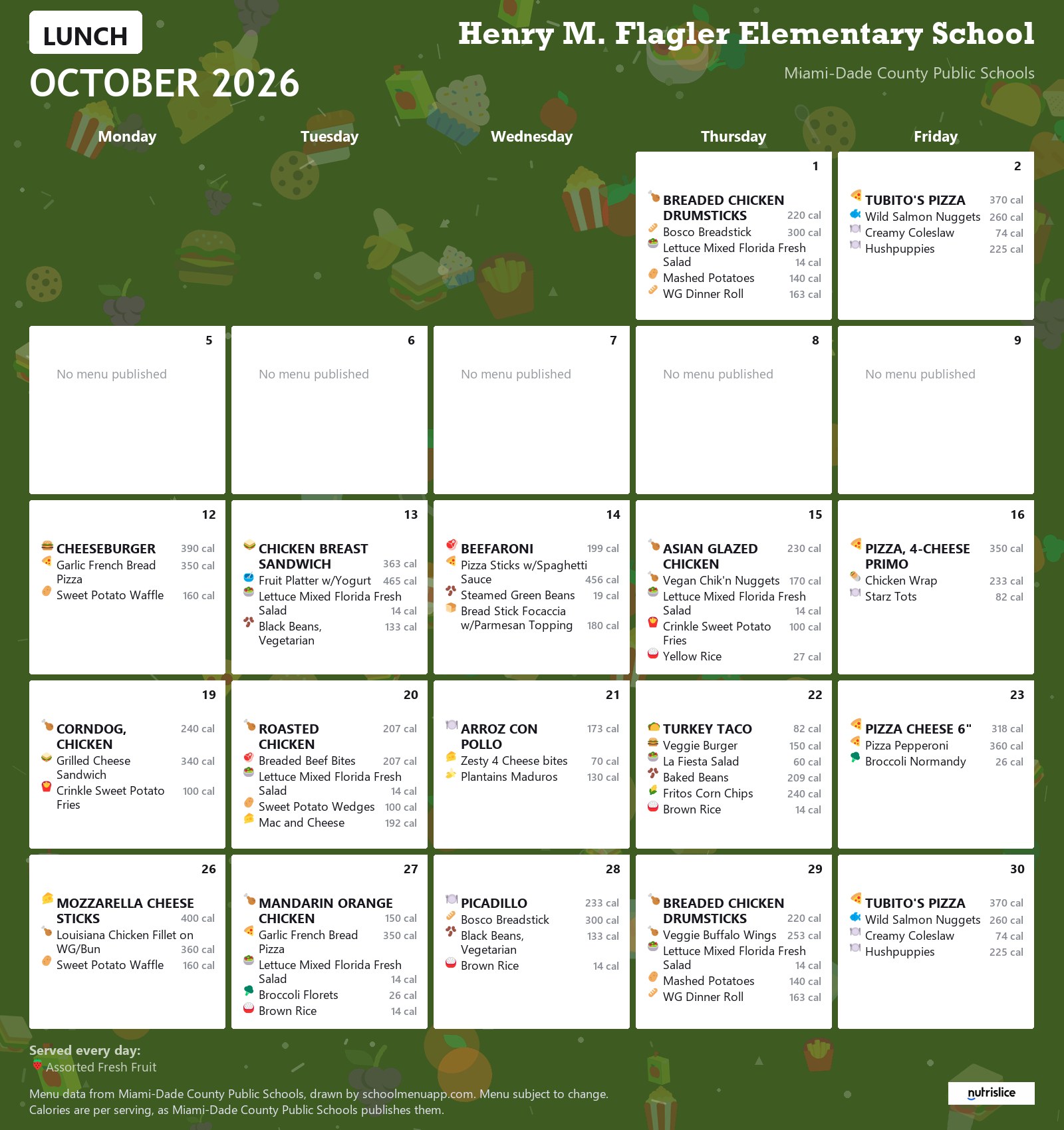 Henry M. Flagler Elementary School lunch menu for October 2026 &mdash; Miami-Dade County Public Schools