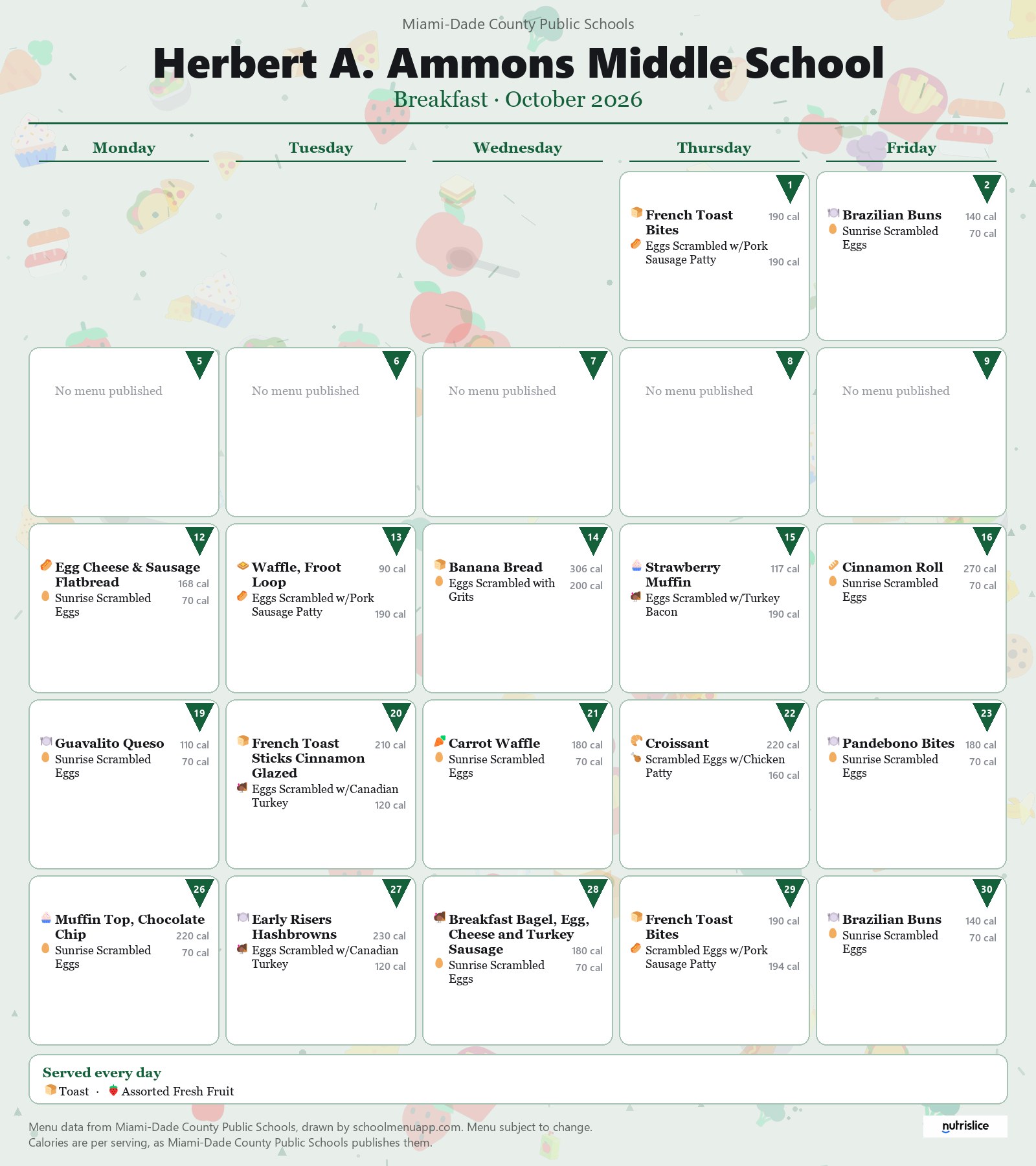 Herbert A. Ammons Middle School breakfast menu for October 2026 &mdash; Miami-Dade County Public Schools