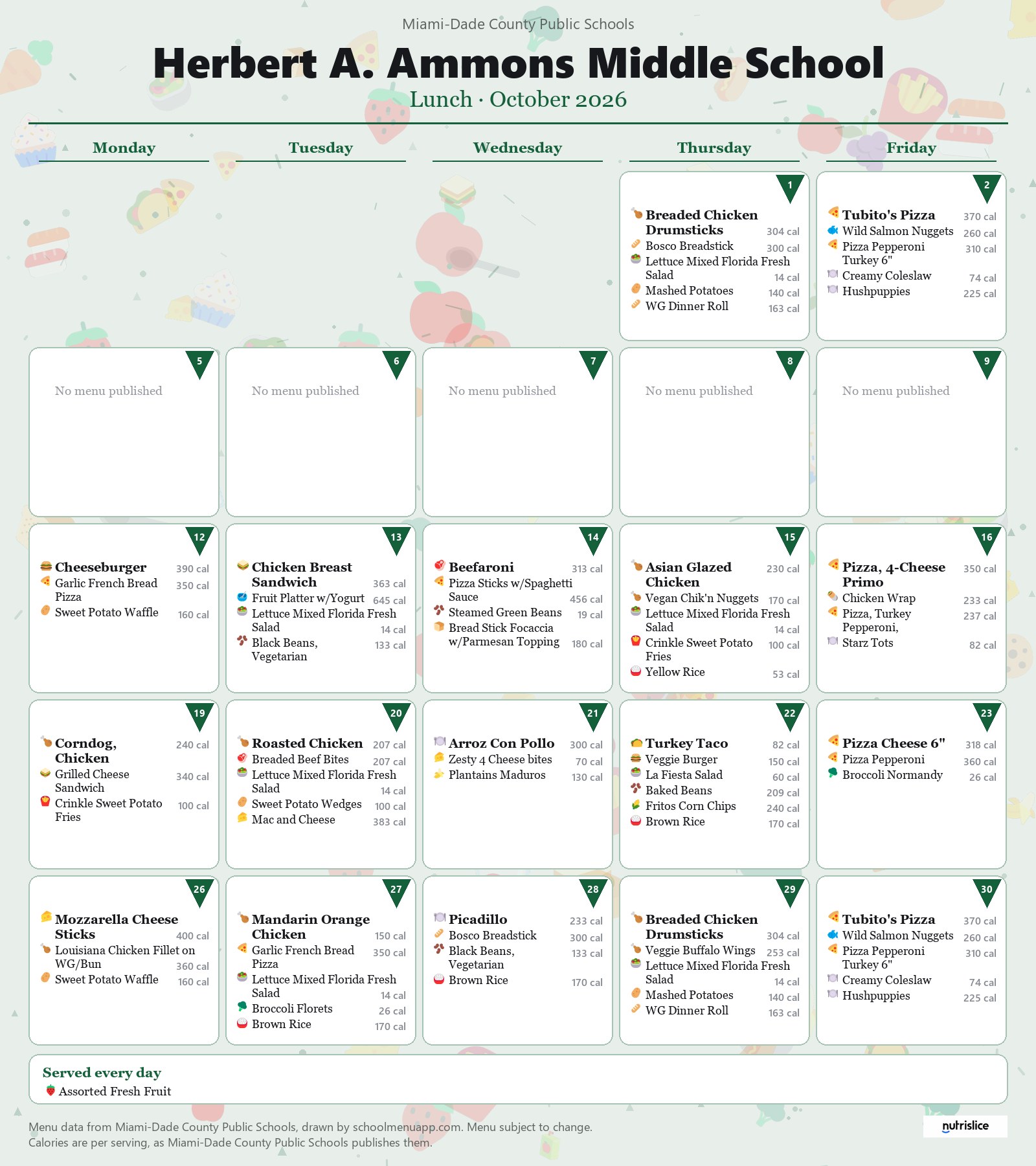 Herbert A. Ammons Middle School lunch menu for October 2026 &mdash; Miami-Dade County Public Schools
