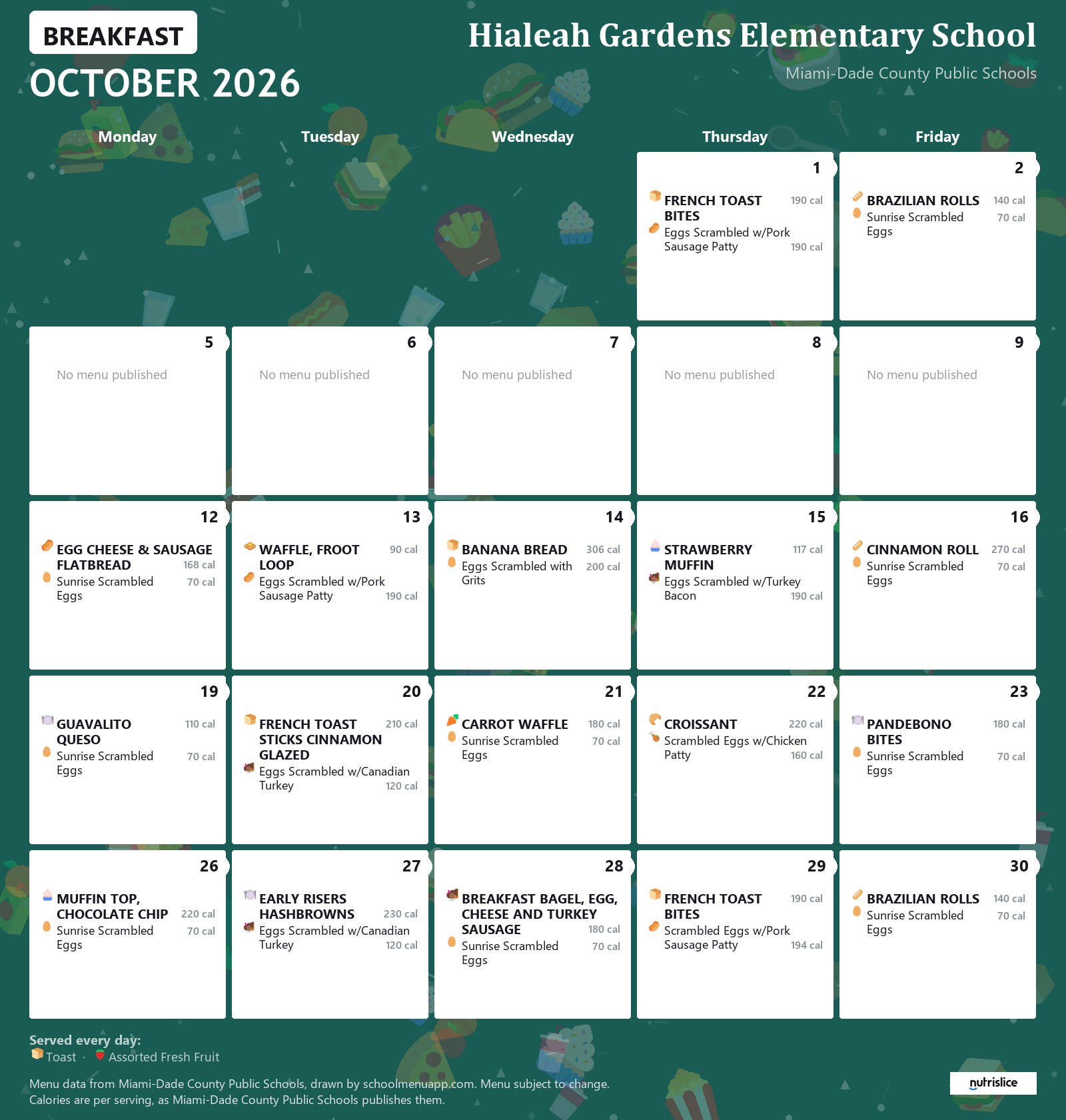 Hialeah Gardens Elementary School breakfast menu for October 2026 &mdash; Miami-Dade County Public Schools