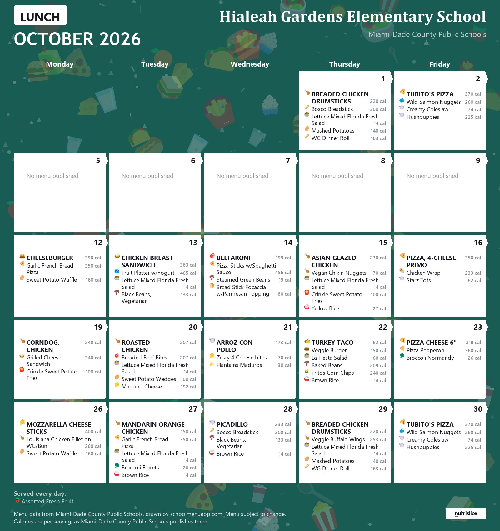Hialeah Gardens Elementary School lunch menu for October 2026 &mdash; Miami-Dade County Public Schools