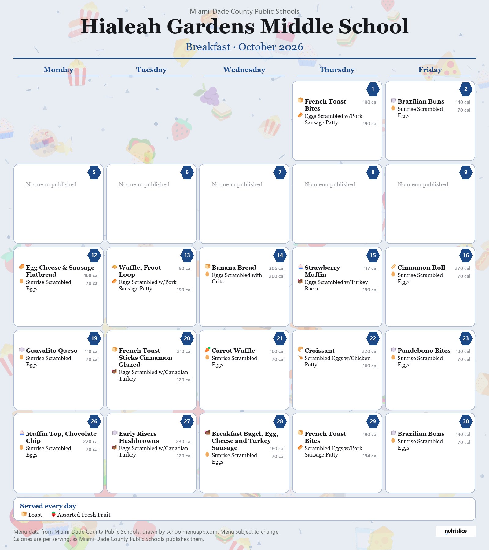 Hialeah Gardens Middle School breakfast menu for October 2026 &mdash; Miami-Dade County Public Schools