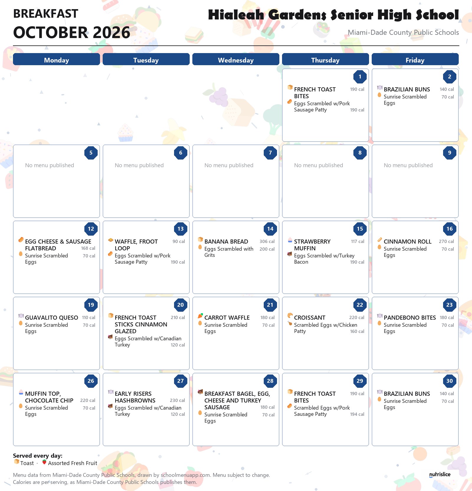 Hialeah Gardens Senior High School breakfast menu for October 2026 &mdash; Miami-Dade County Public Schools