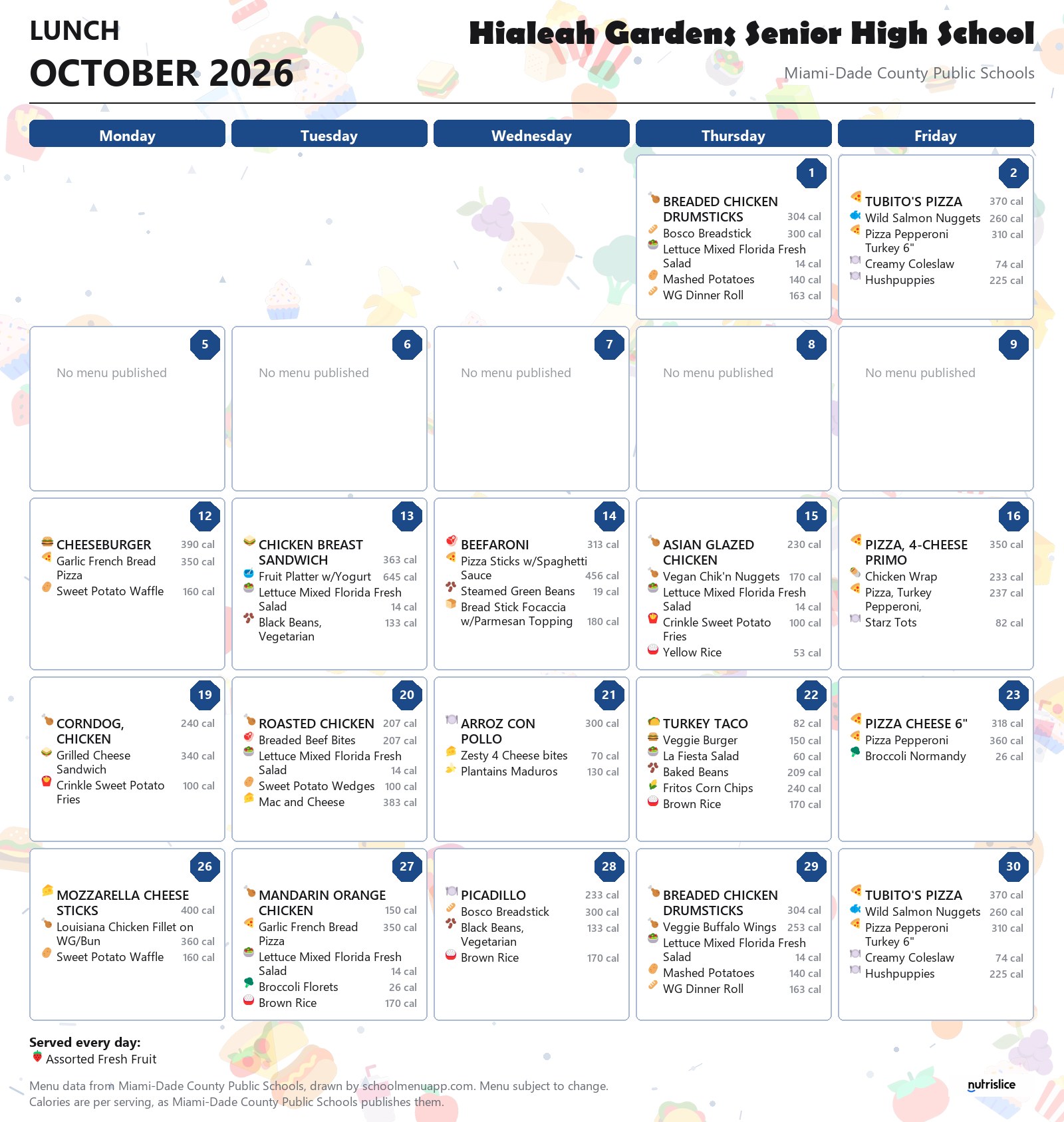 Hialeah Gardens Senior High School lunch menu for October 2026 &mdash; Miami-Dade County Public Schools