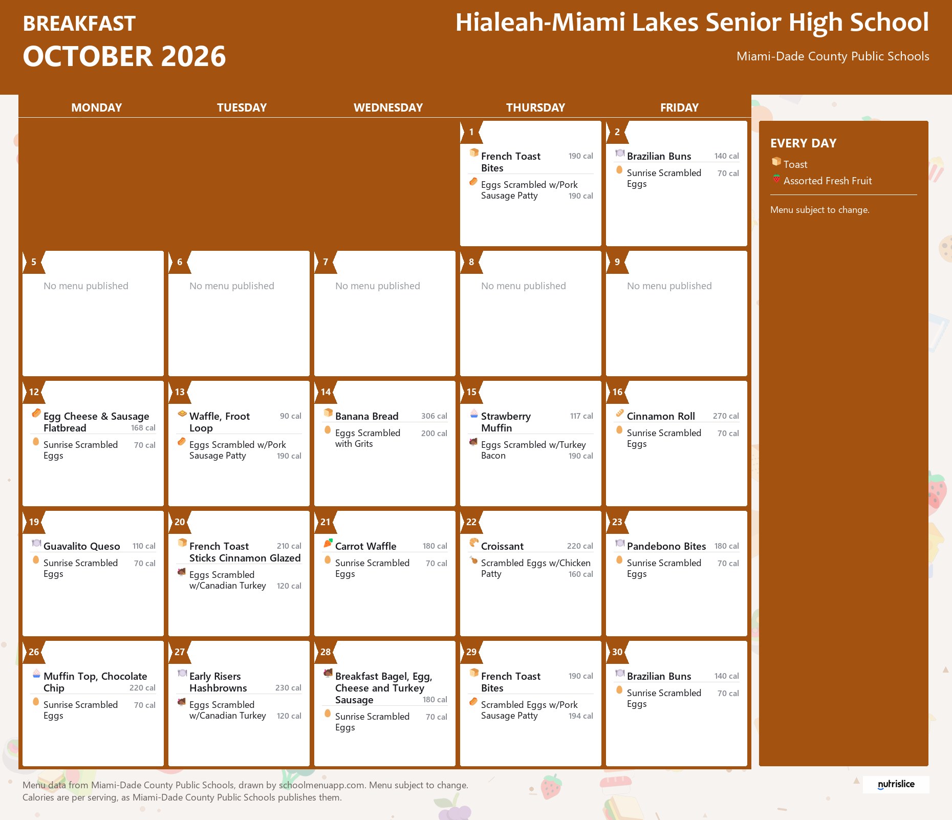 Hialeah-Miami Lakes Senior High School breakfast menu for October 2026 &mdash; Miami-Dade County Public Schools
