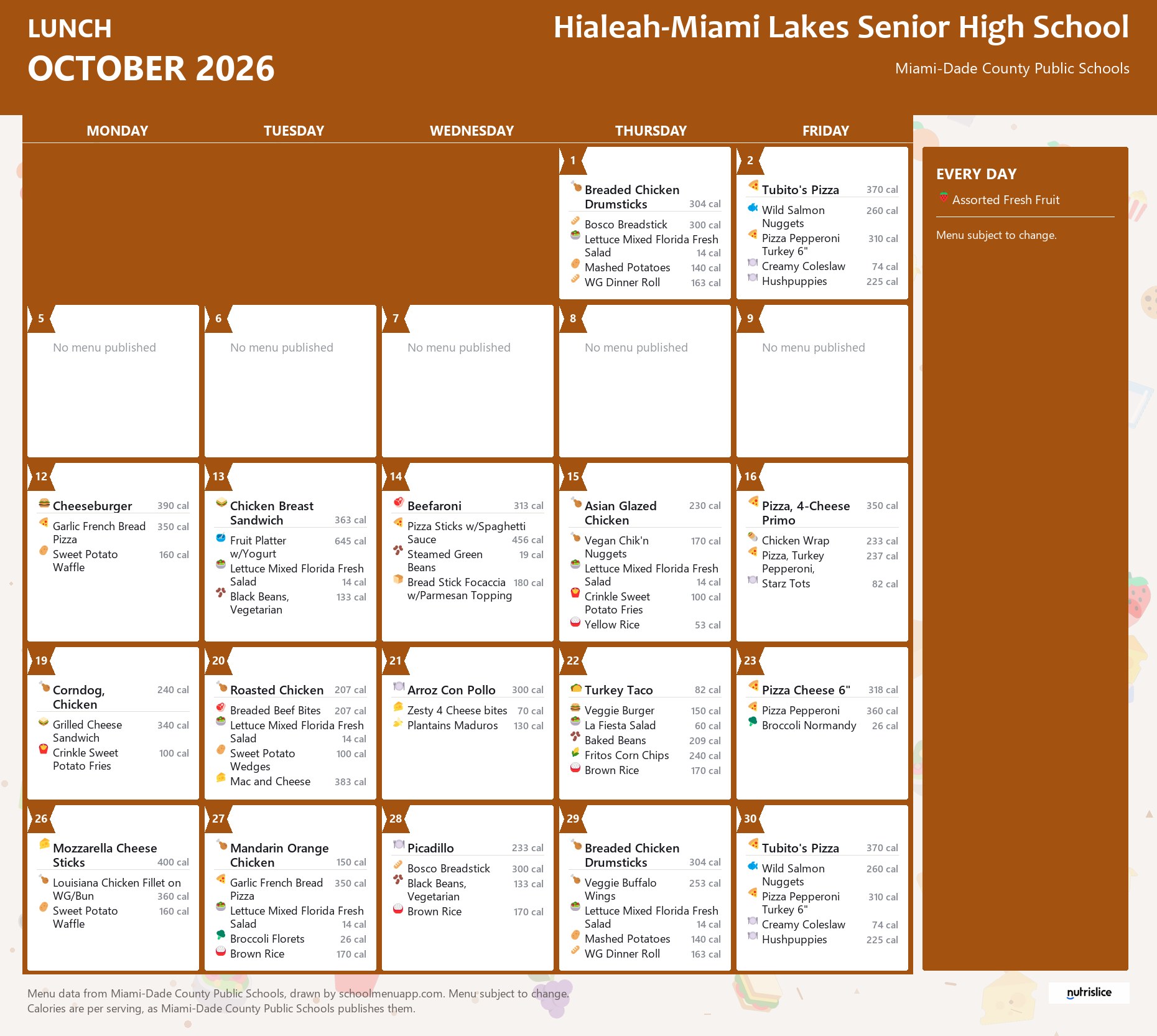Hialeah-Miami Lakes Senior High School lunch menu for October 2026 &mdash; Miami-Dade County Public Schools