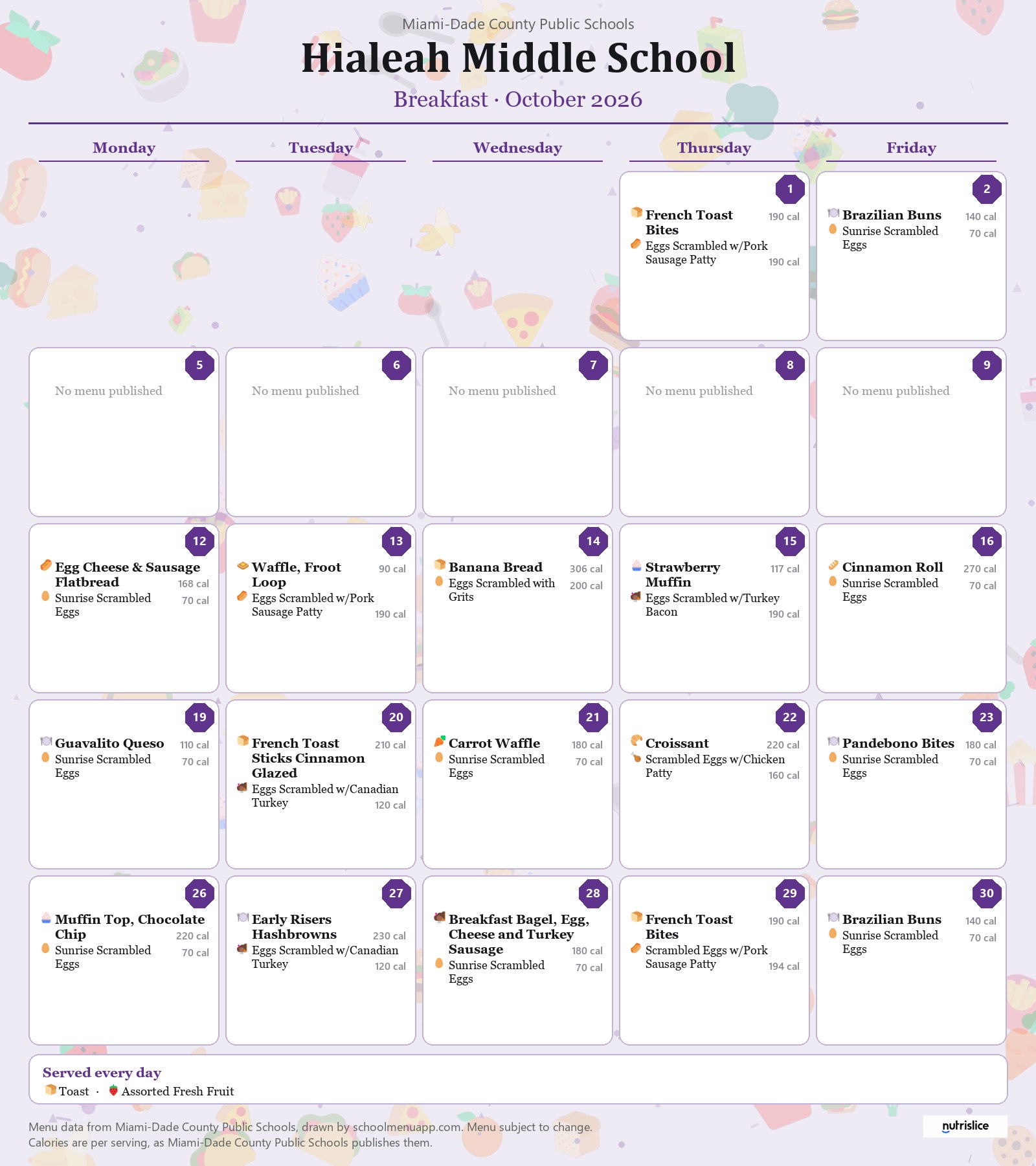 Hialeah Middle School breakfast menu for October 2026 &mdash; Miami-Dade County Public Schools