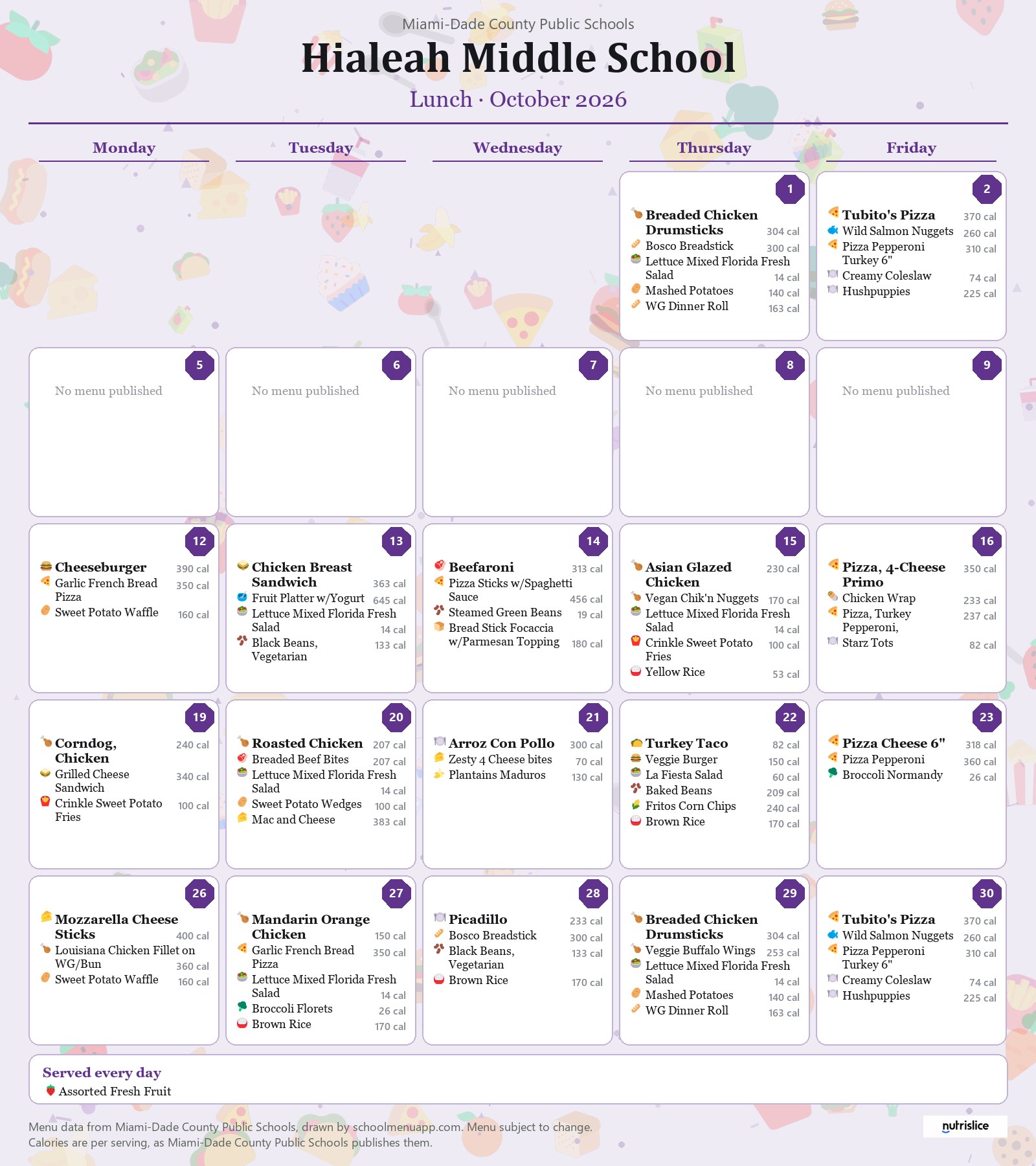 Hialeah Middle School lunch menu for October 2026 &mdash; Miami-Dade County Public Schools