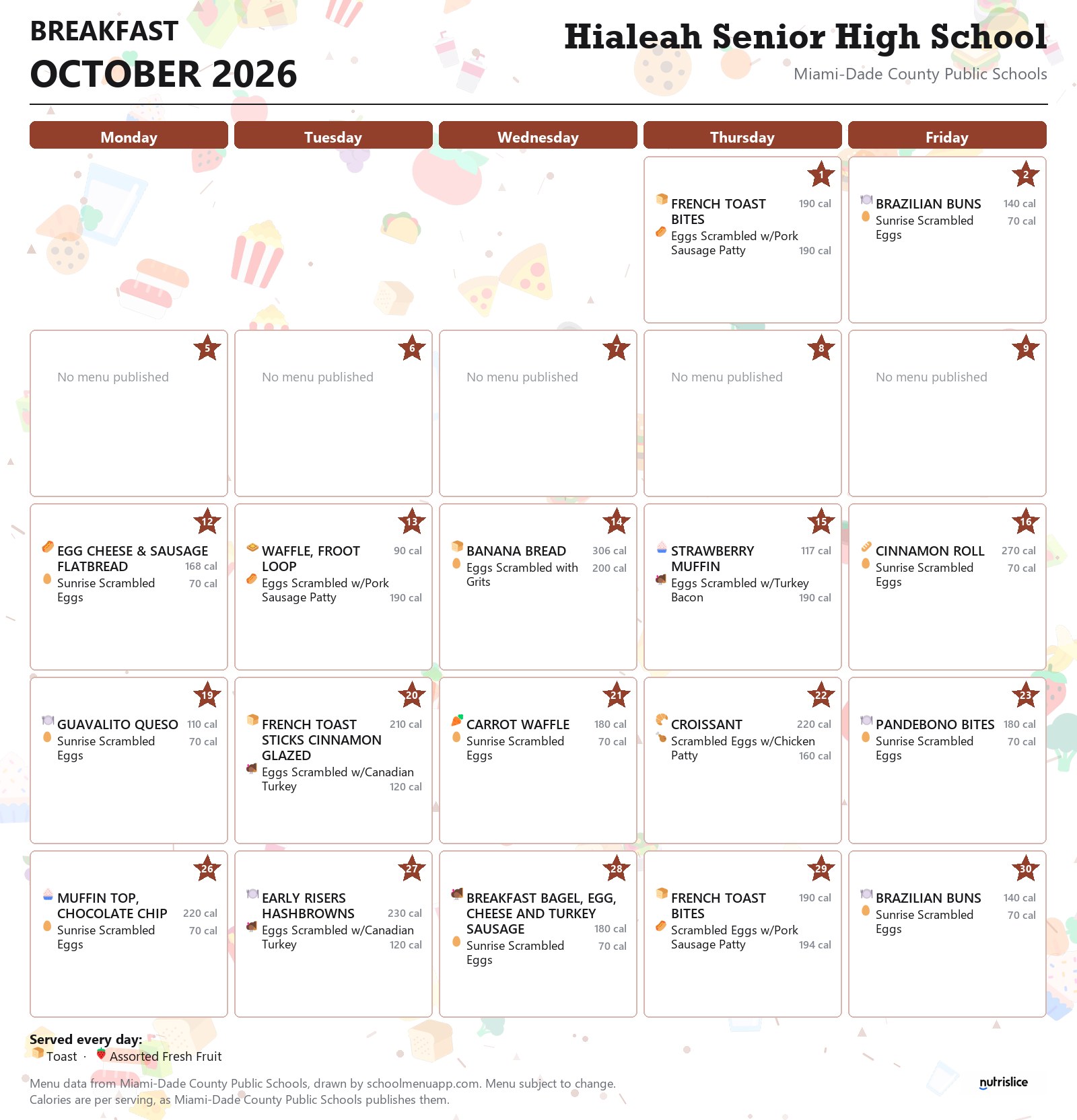 Hialeah Senior High School breakfast menu for October 2026 &mdash; Miami-Dade County Public Schools