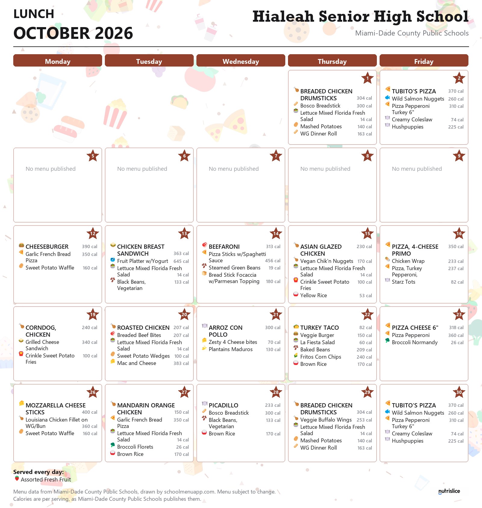 Hialeah Senior High School lunch menu for October 2026 &mdash; Miami-Dade County Public Schools